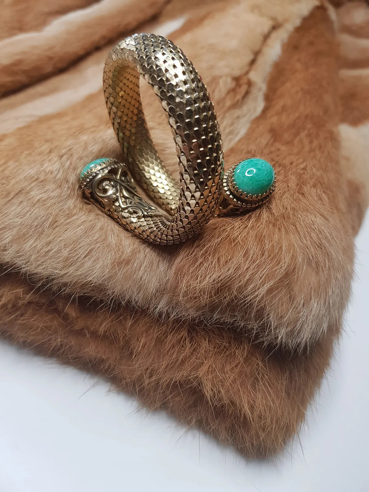 1960s Antique Designer Snake Cuff Bracelet - Gold & Turquoise - Ornate Statement Piece Beautifully Wraps Around Wrist