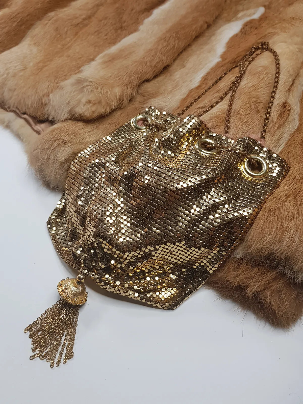 1960s Antique Designer Gold Chainmail Pouch Evening Tassel Bag - Long Chain - Drawstring Closure - Lined