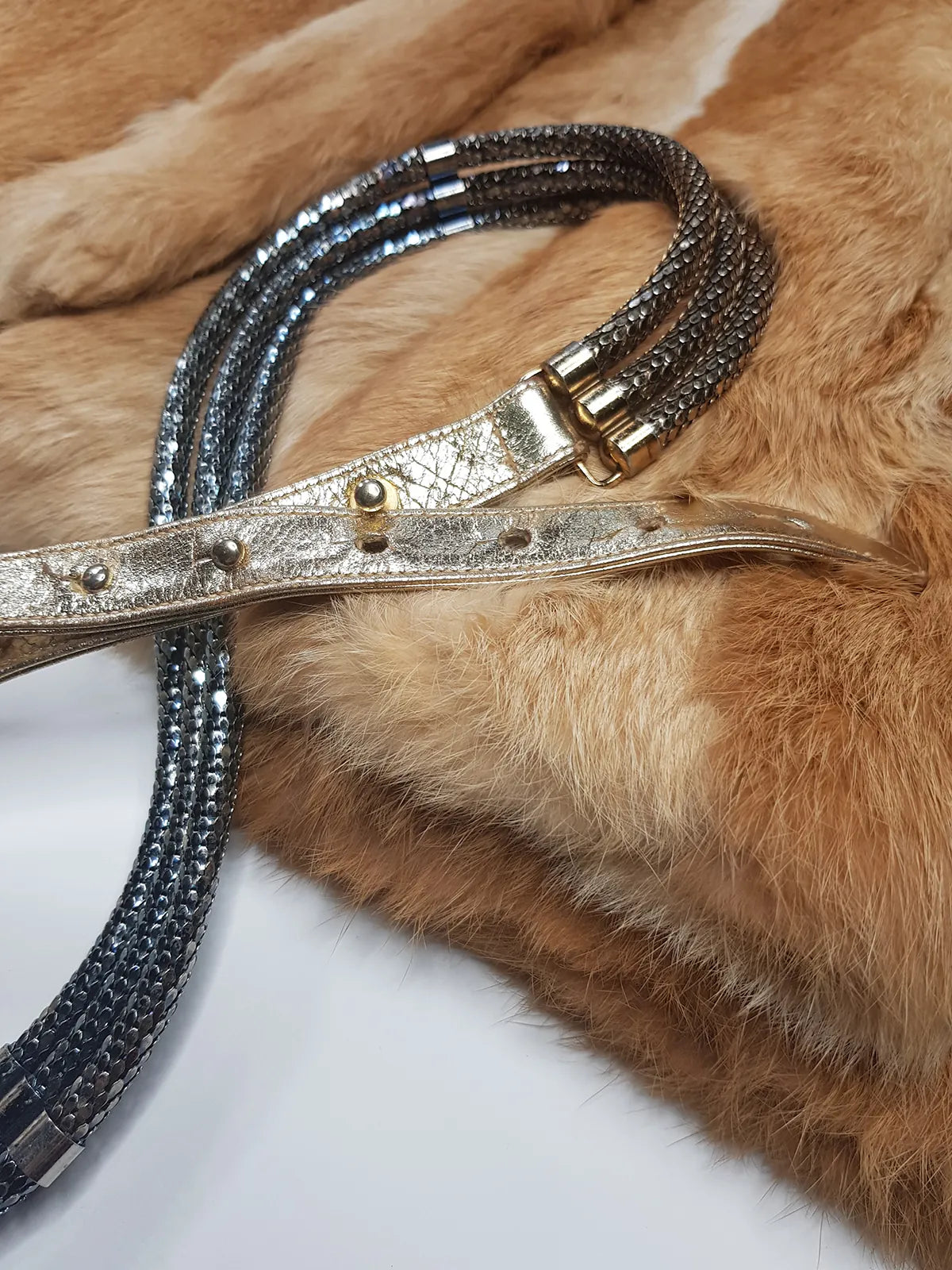 1970s Vintage Metal Snake Belt - Studio54 Style - 3 Tier Dark Metallic Blue & Gold Leather