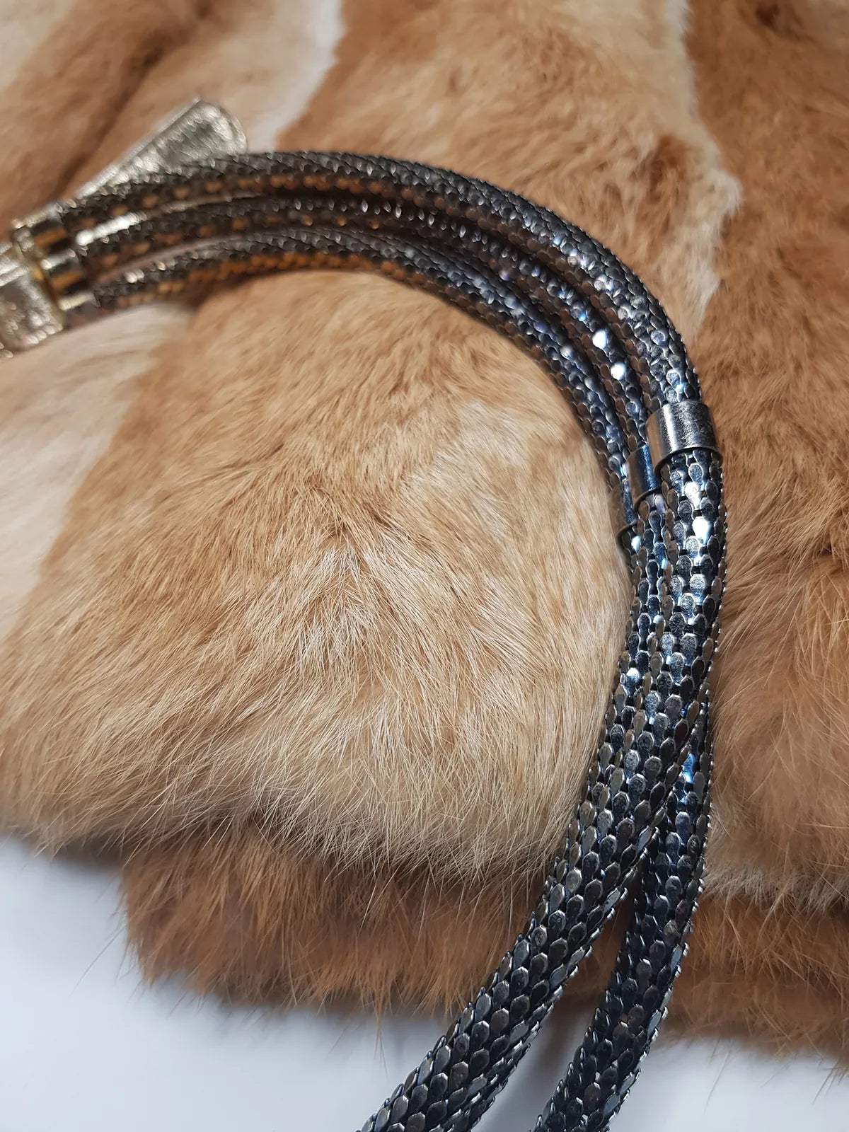 1970s Vintage Metal Snake Belt - Studio54 Style - 3 Tier Dark Metallic Blue & Gold Leather