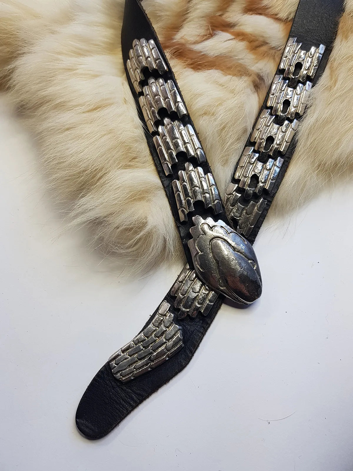 Incredible 1940s Handmade Articulated Serpent Belt - 100% Genuine Leather - Ultra Heavy - Silver & Black