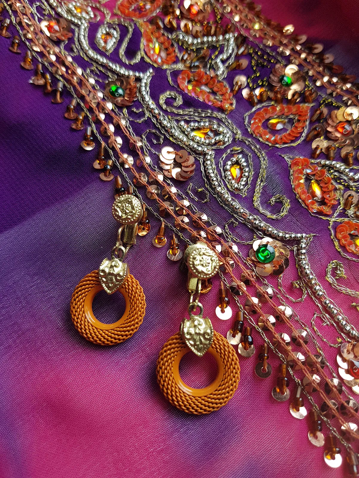 1970s Designer - Stamped - Whiting & Davis - Burnt Sunset Orange & Gold - Iconic Metal Mesh Earrings