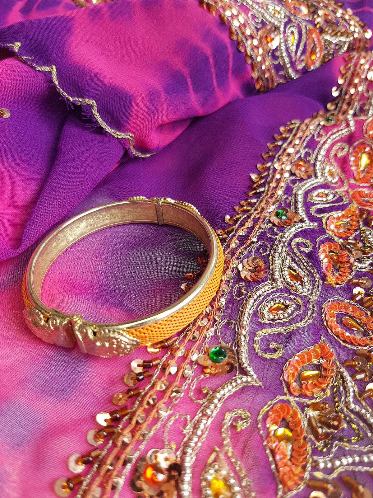 1970s Designer - Stamped - Whiting & Davis - Burnt Sunset Orange & Gold - Iconic Metal Mesh Bracelet