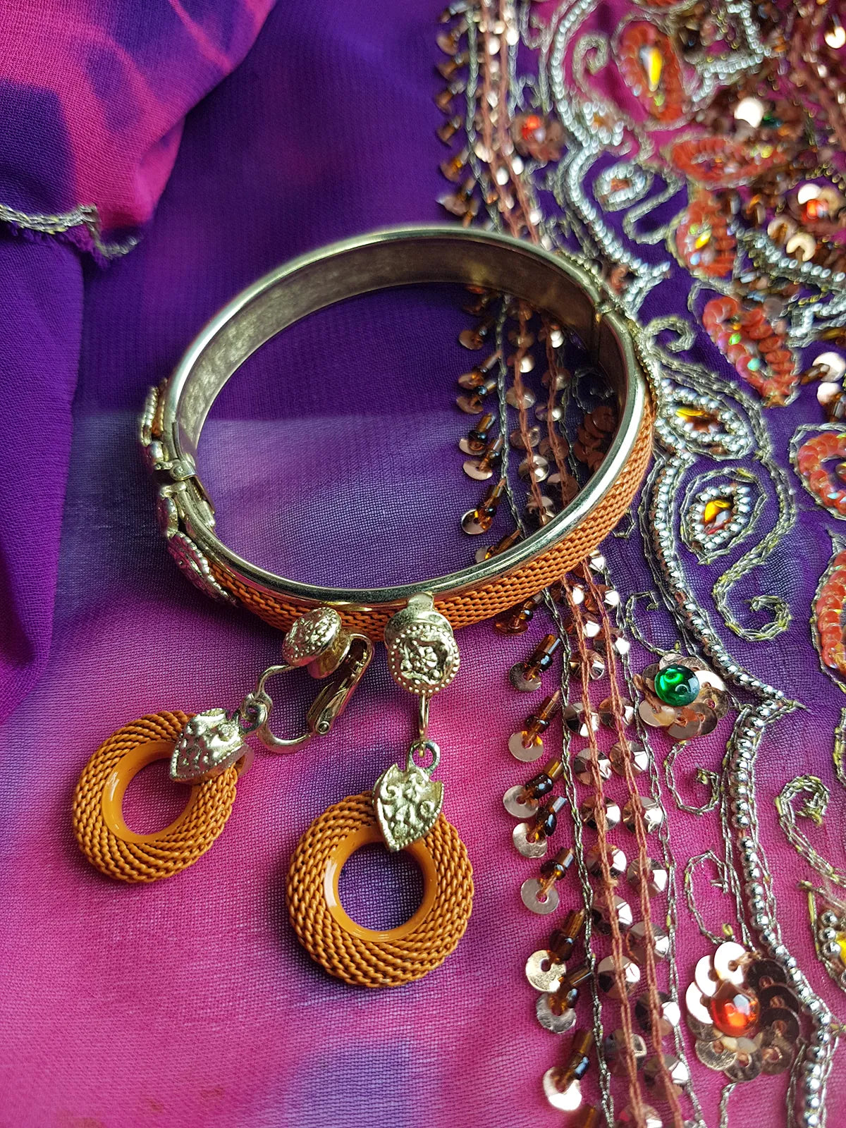 1970s Designer - Stamped - Whiting & Davis - Burnt Sunset Orange & Gold - Iconic Metal Mesh Earrings