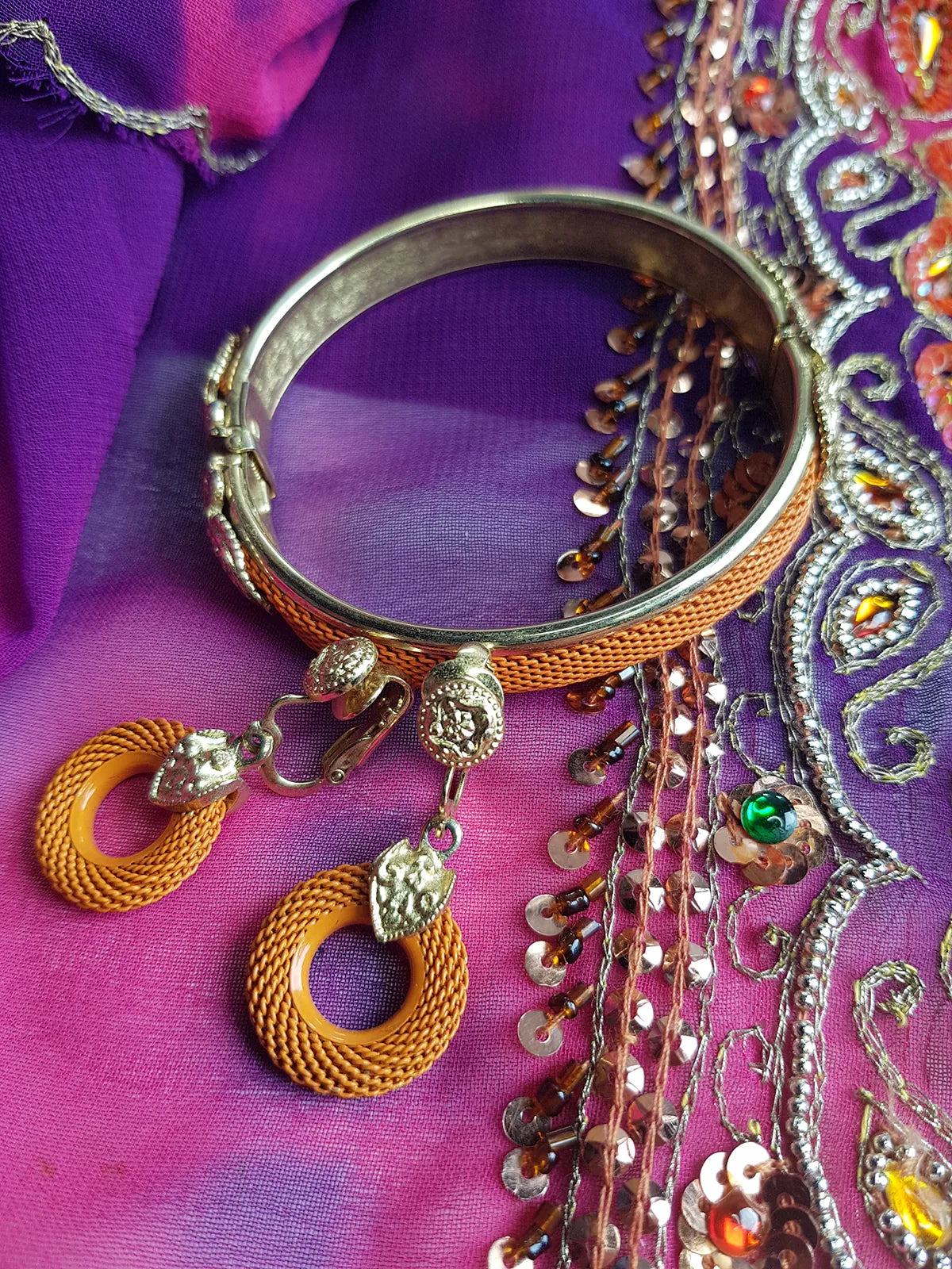 1970s Designer - Stamped - Whiting & Davis - Burnt Sunset Orange & Gold - Iconic Metal Mesh Bracelet