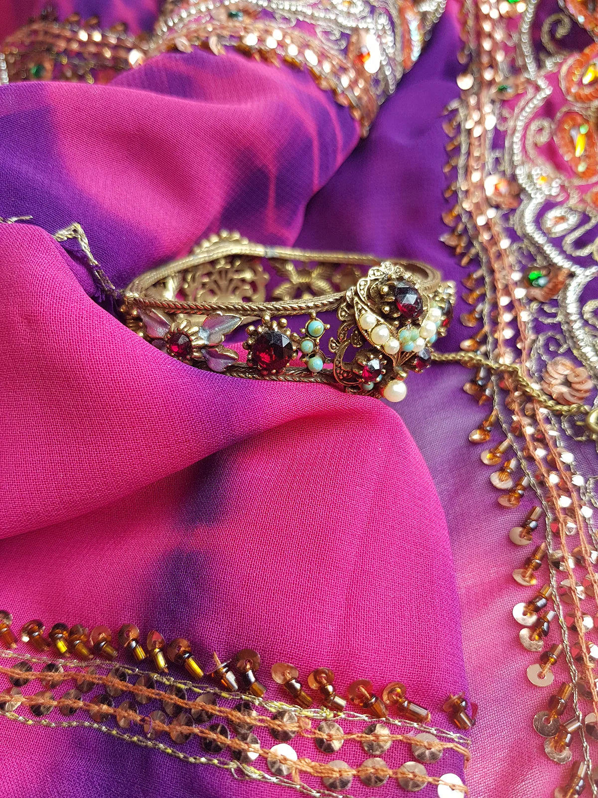 1970s Romantic Gothic Designer Ornate Metal Bracelet  - Stones & Pearls - Reversible to be Worn Two Ways - Stamped