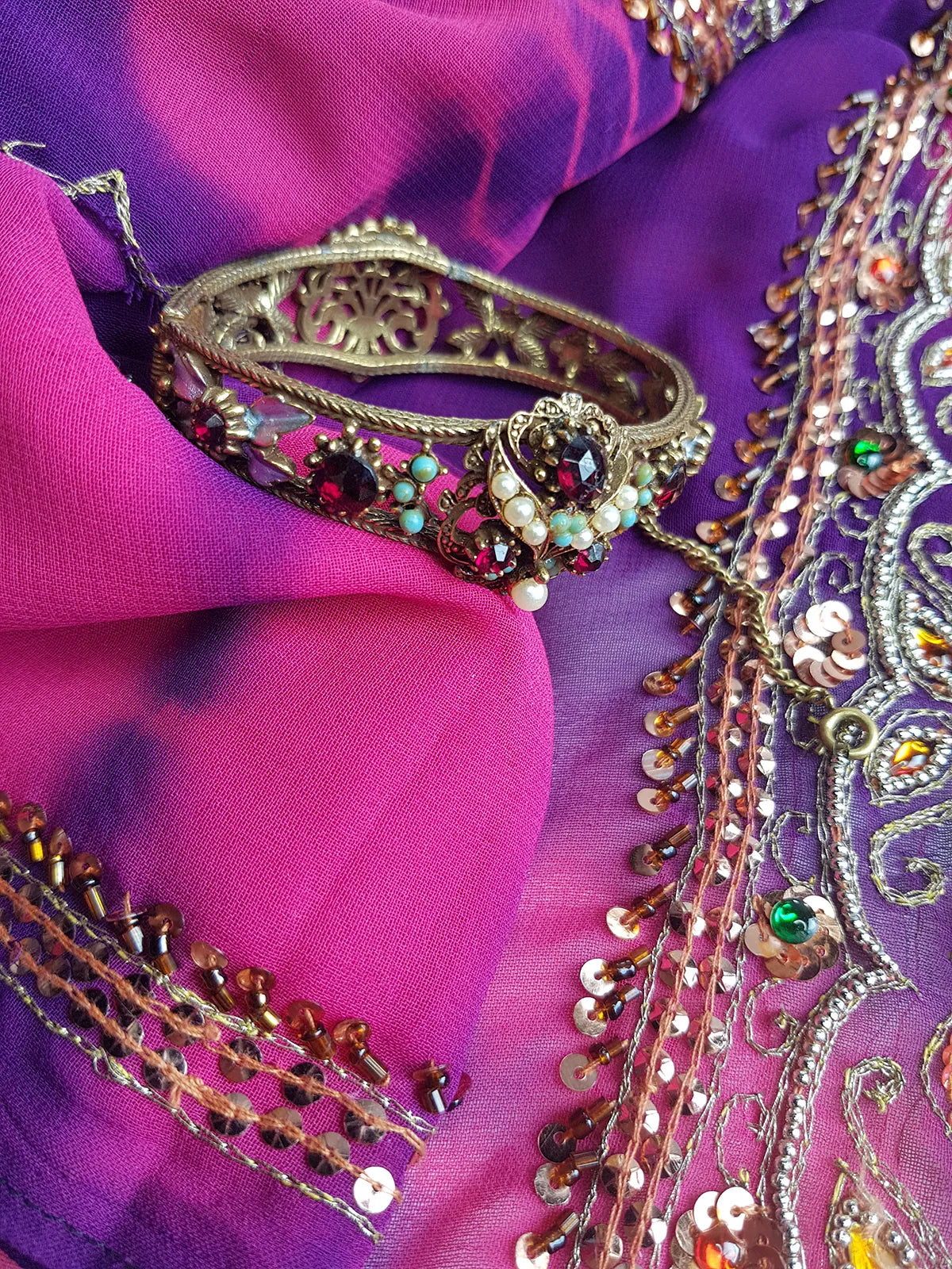 1970s Romantic Gothic Designer Ornate Metal Bracelet  - Stones & Pearls - Reversible to be Worn Two Ways - Stamped