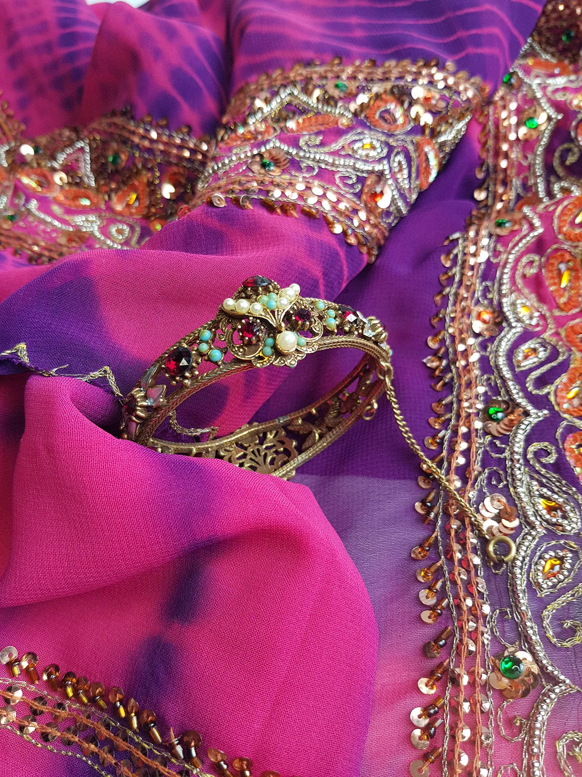 1970s Romantic Gothic Designer Ornate Metal Bracelet  - Stones & Pearls - Reversible to be Worn Two Ways - Stamped