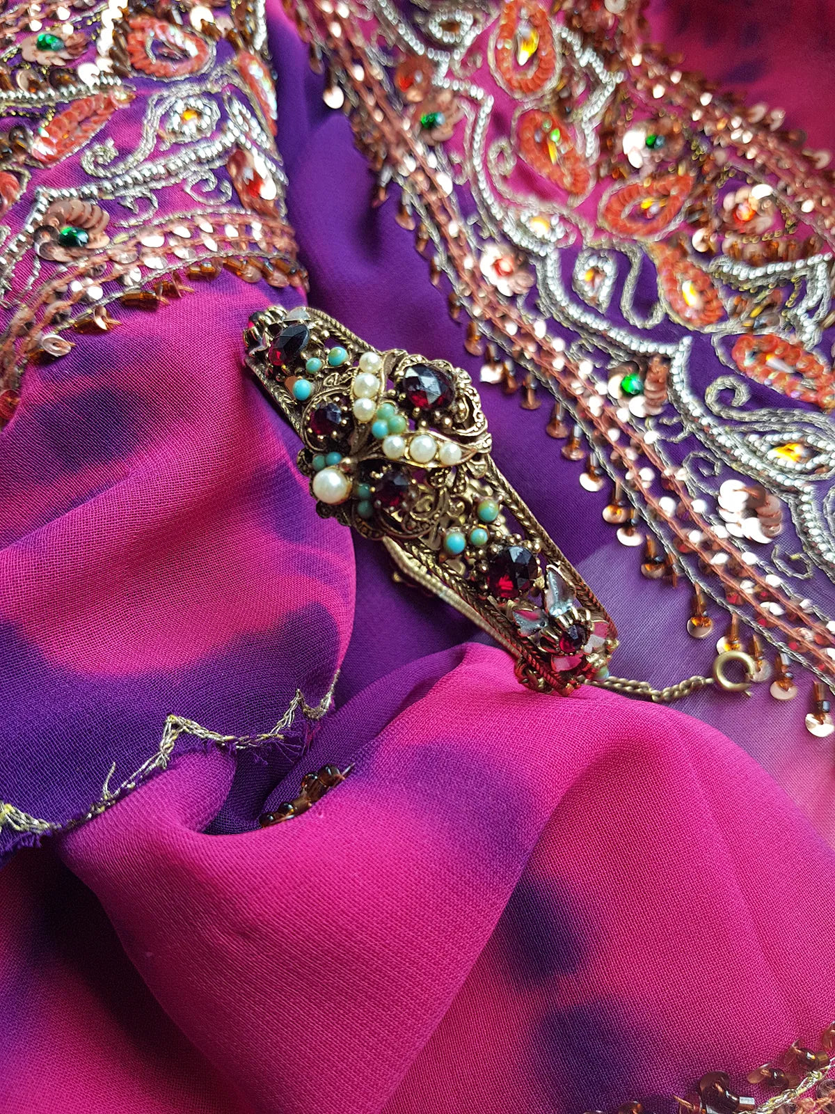 1970s Romantic Gothic Designer Ornate Metal Bracelet  - Stones & Pearls - Reversible to be Worn Two Ways - Stamped