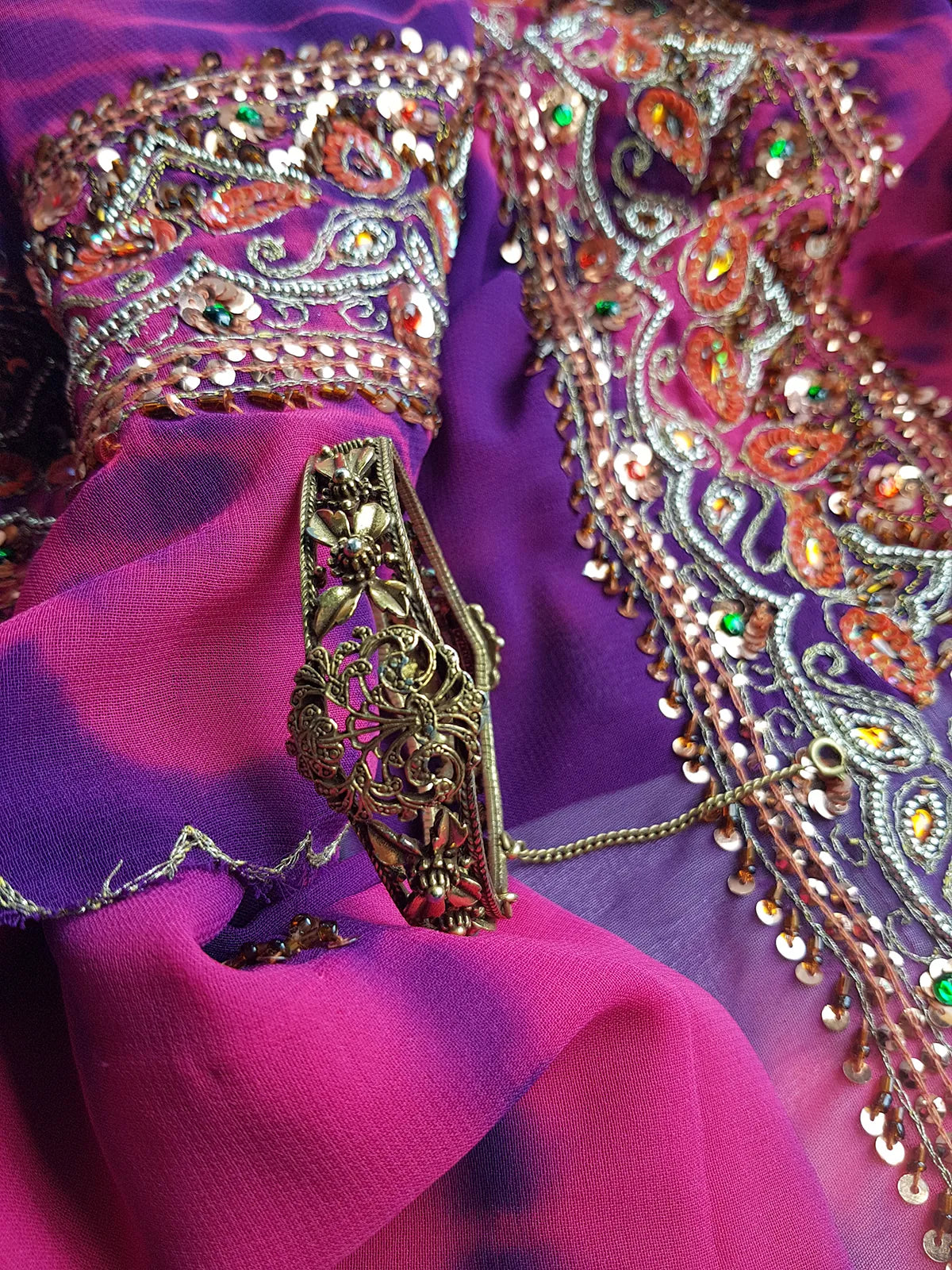 1970s Romantic Gothic Designer Ornate Metal Bracelet  - Stones & Pearls - Reversible to be Worn Two Ways - Stamped