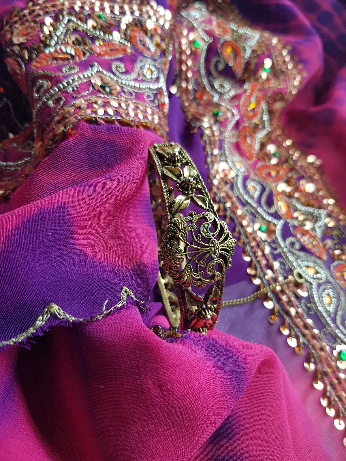 1970s Romantic Gothic Designer Ornate Metal Bracelet  - Stones & Pearls - Reversible to be Worn Two Ways - Stamped