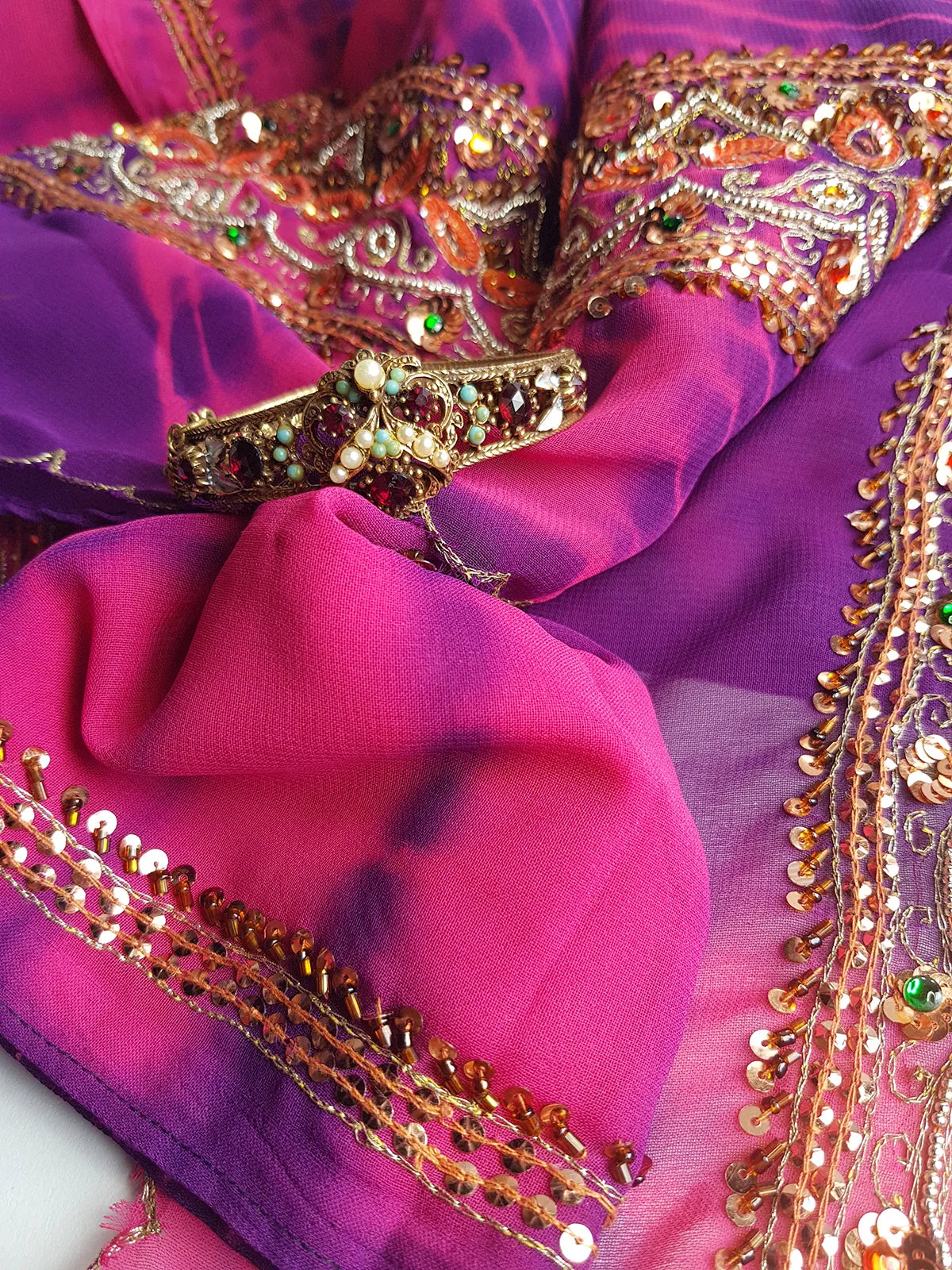 1970s Romantic Gothic Designer Ornate Metal Bracelet  - Stones & Pearls - Reversible to be Worn Two Ways - Stamped