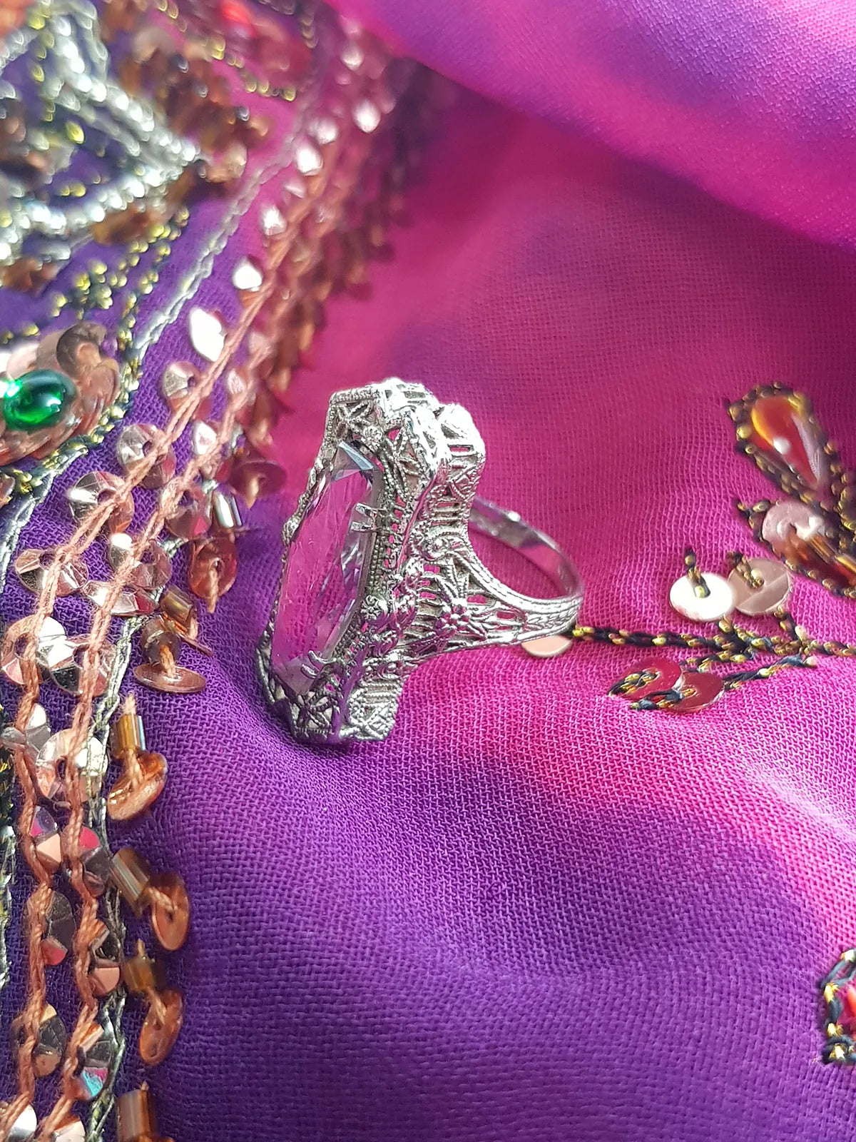 1920s Ethereal Art Deco - Amethyst & 14kt White Gold Ornate Ring - Stamped