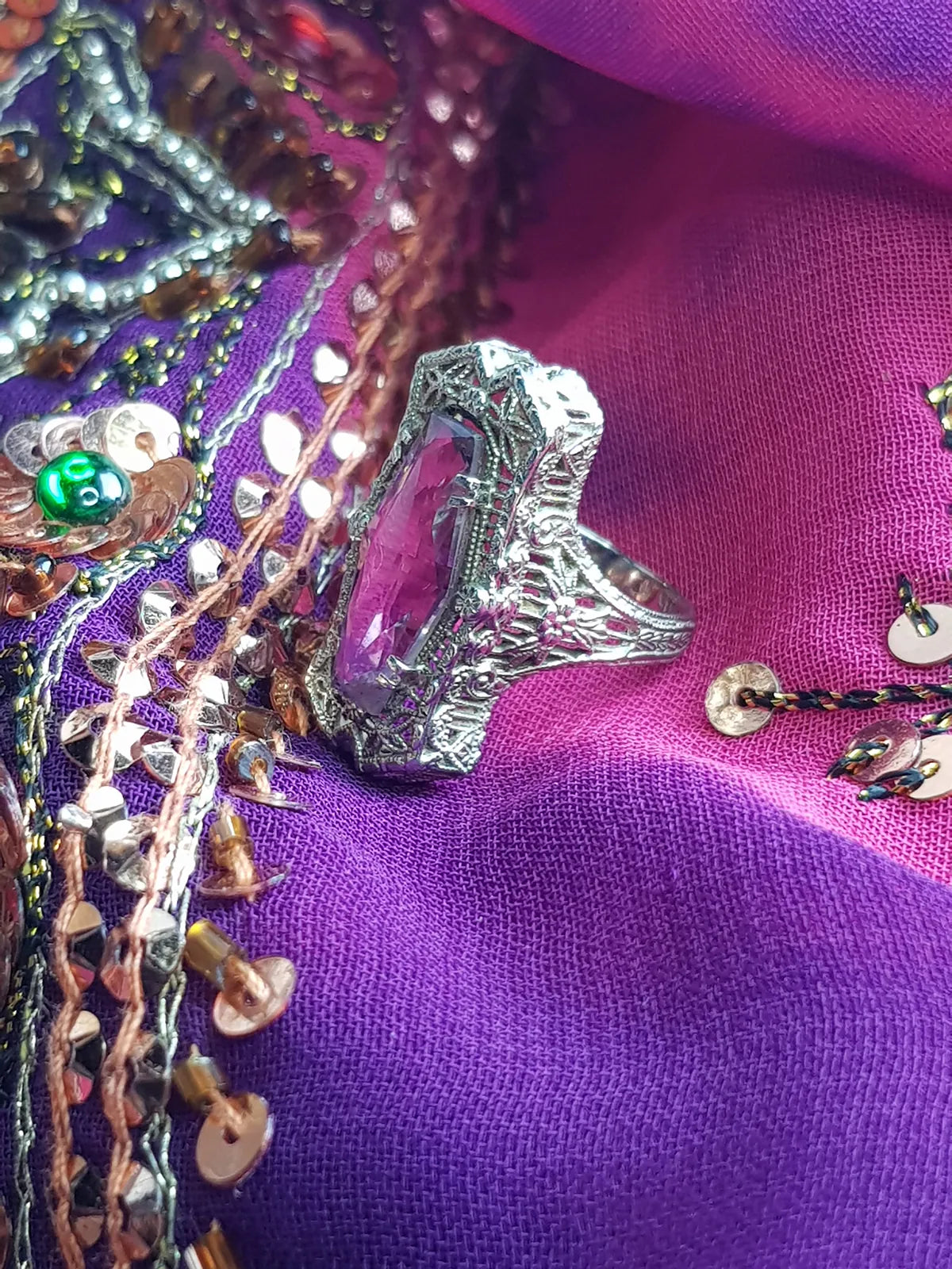 1920s Ethereal Art Deco - Amethyst & 14kt White Gold Ornate Ring - Stamped