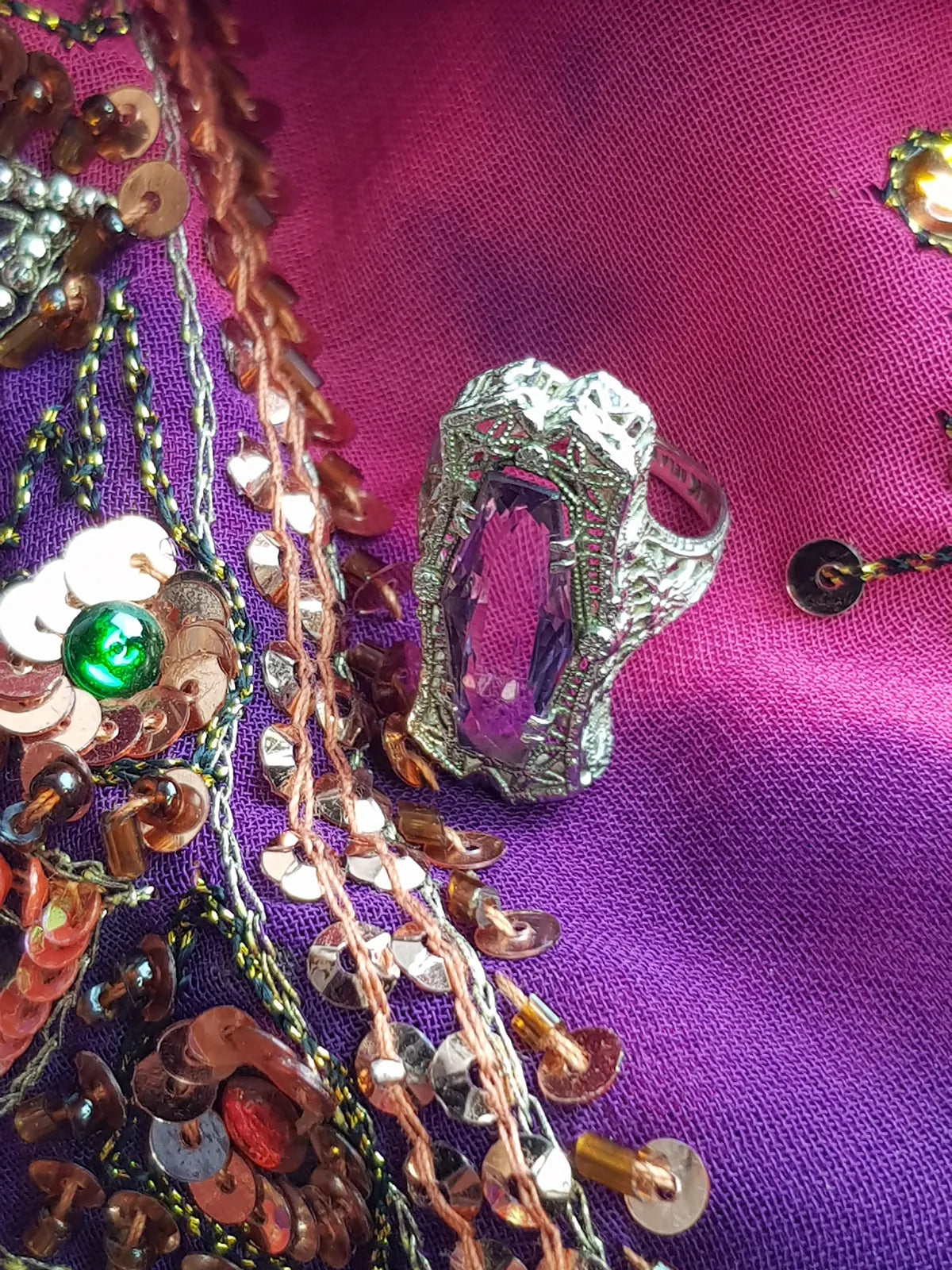 1920s Ethereal Art Deco - Amethyst & 14kt White Gold Ornate Ring - Stamped