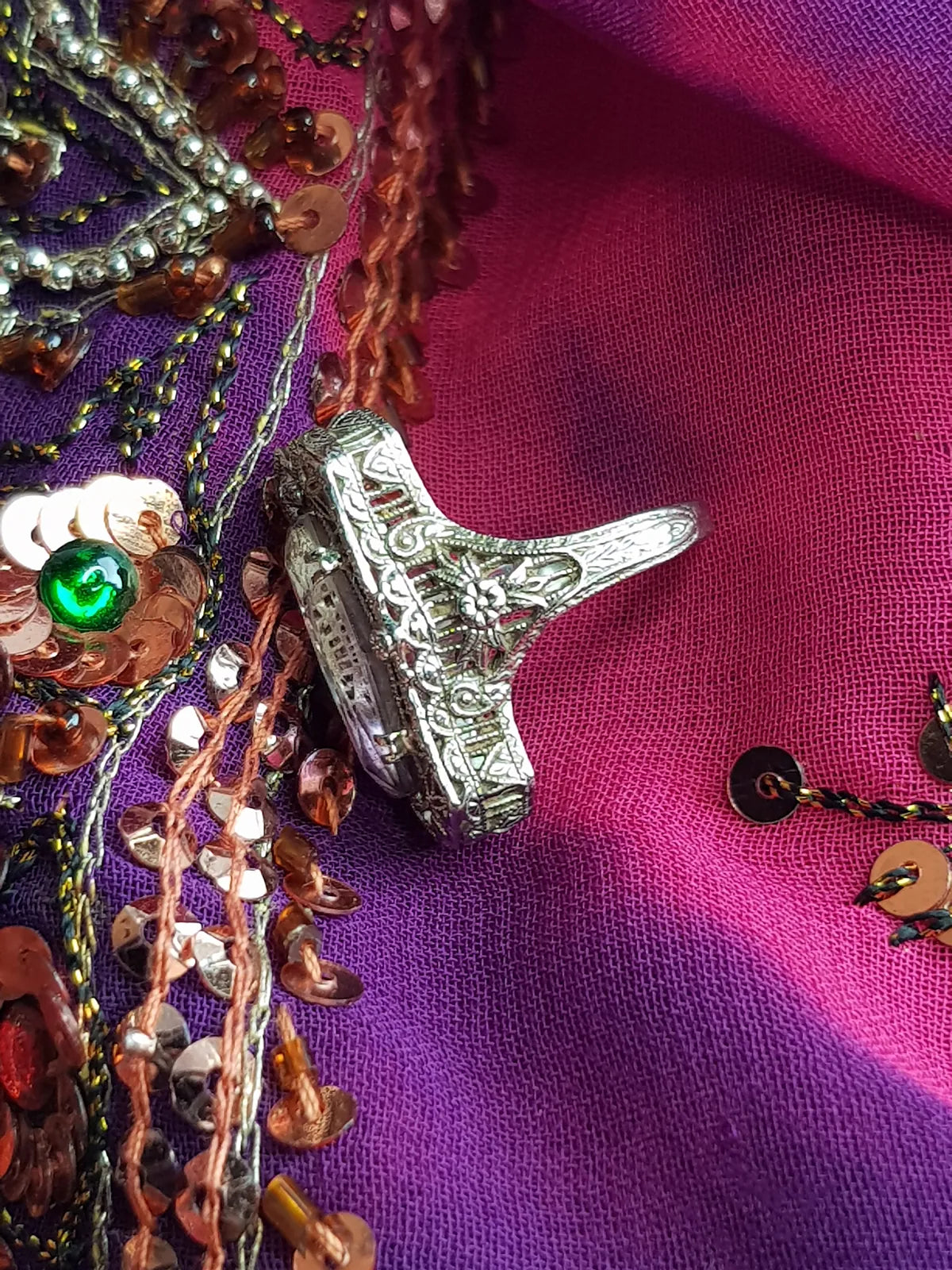 1920s Ethereal Art Deco - Amethyst & 14kt White Gold Ornate Ring - Stamped