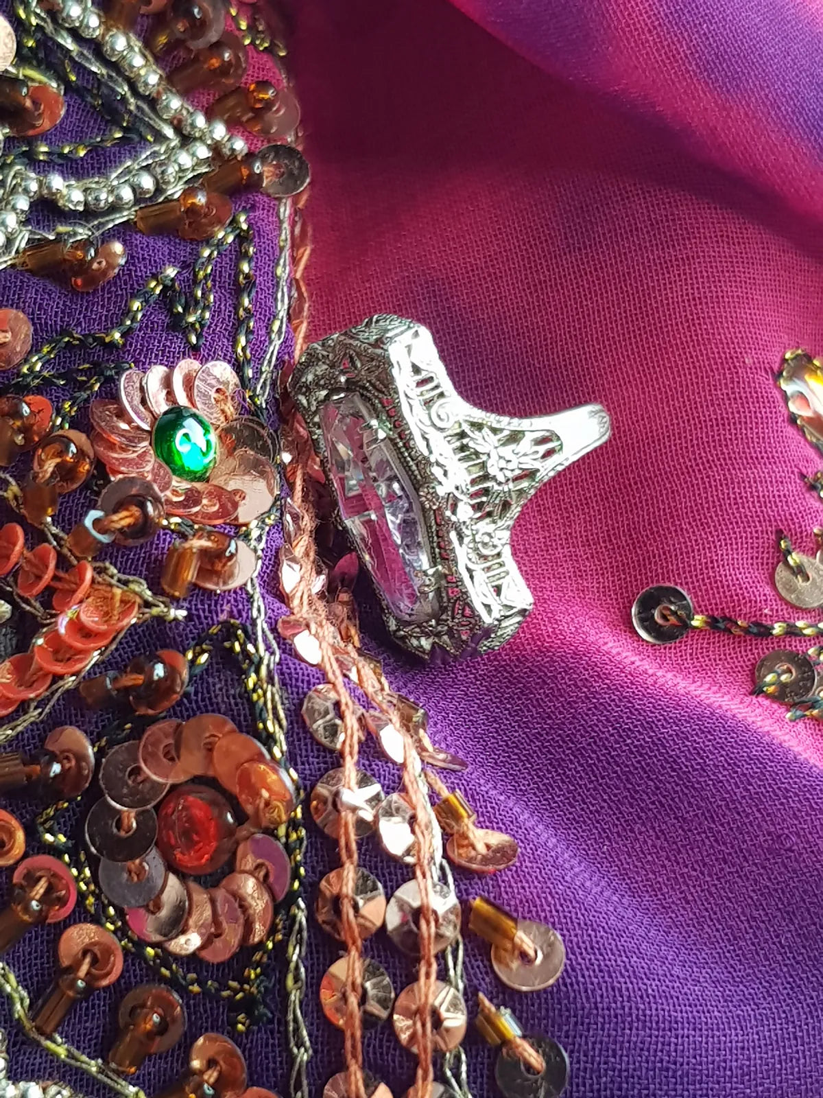 1920s Ethereal Art Deco - Amethyst & 14kt White Gold Ornate Ring - Stamped