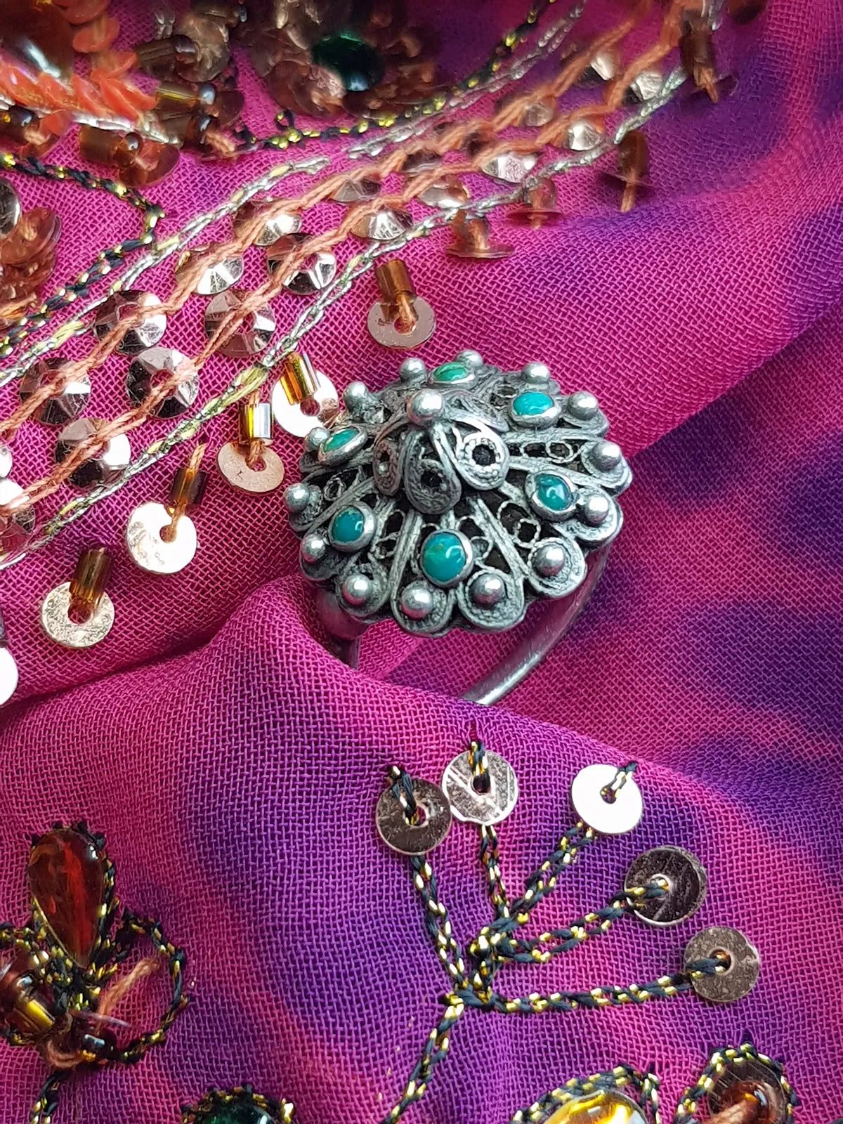 1950s Ornate Turquoise & Silver Ring with Intricate Wire Work