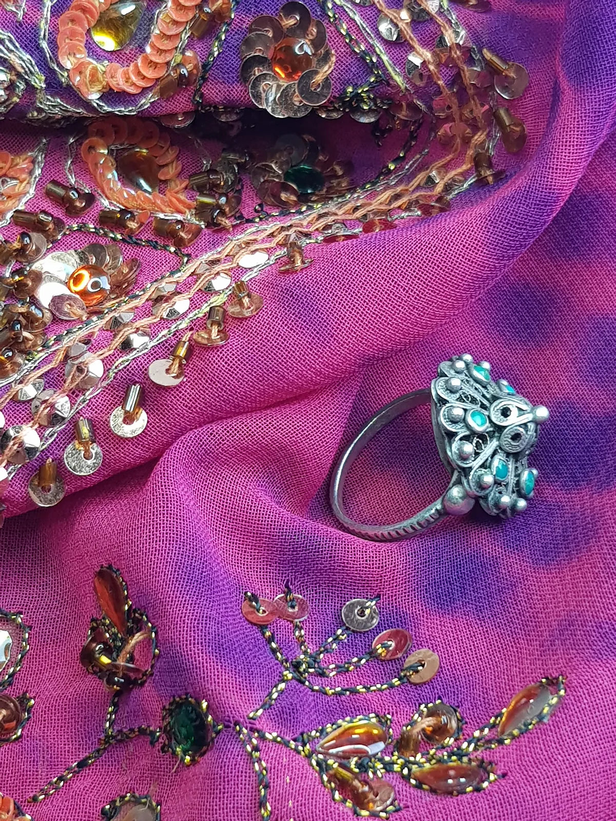 1950s Ornate Turquoise & Silver Ring with Intricate Wire Work