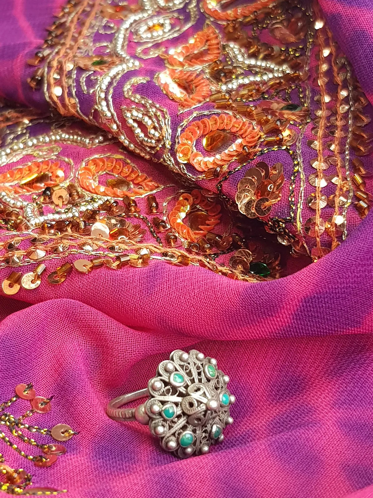 1950s Ornate Turquoise & Silver Ring with Intricate Wire Work