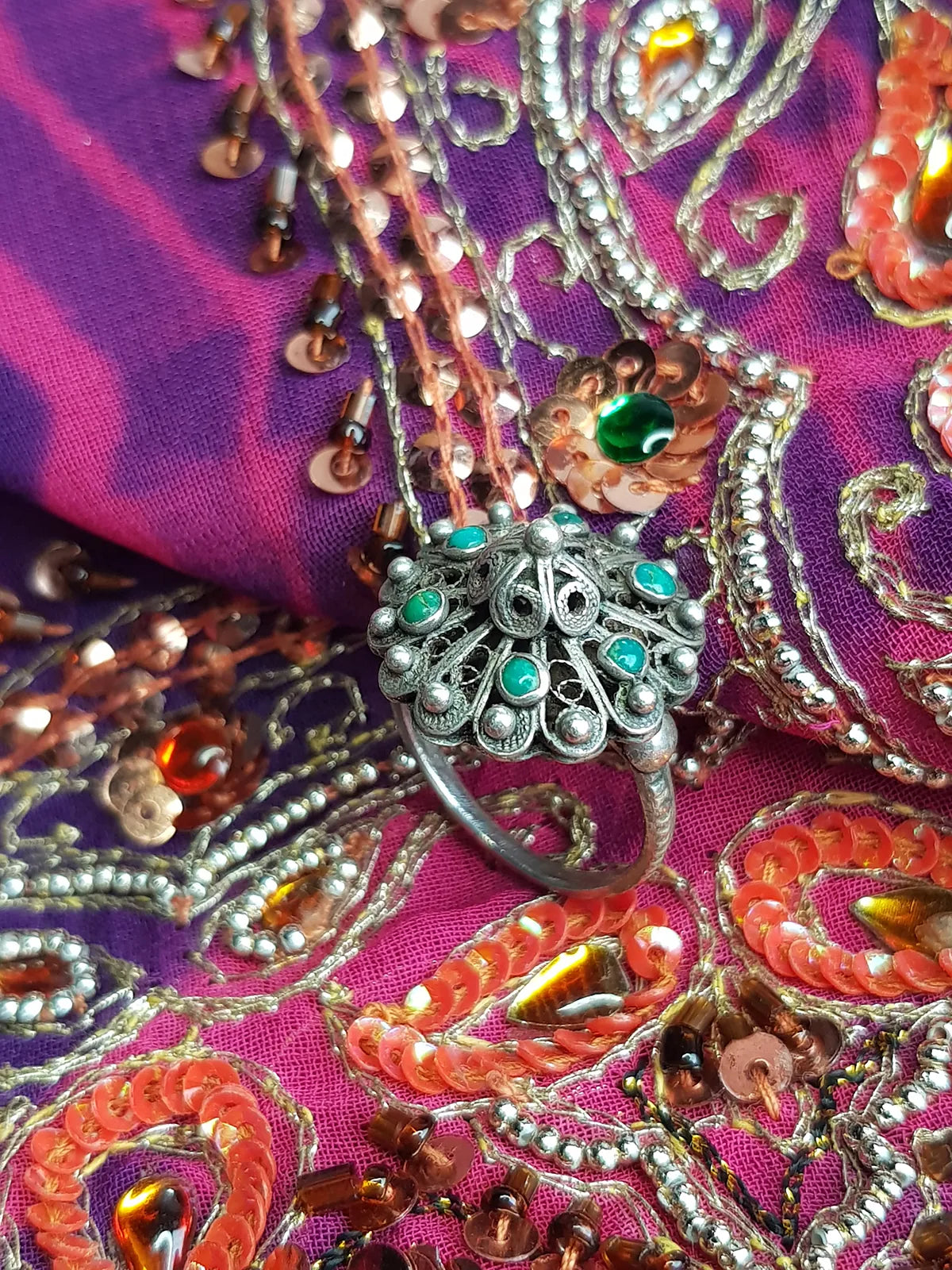 1950s Ornate Turquoise & Silver Ring with Intricate Wire Work