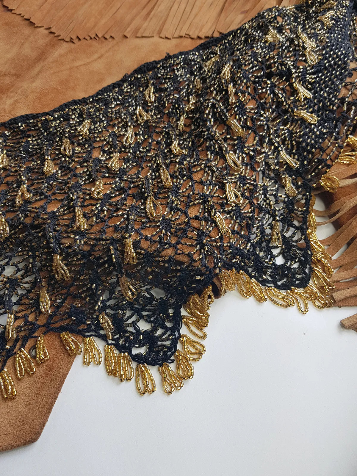 Insane 1970s Handmade Crochet Beaded Party Top / Skirt / Wrap - Tie at neck - Studio 54 - Black Crochet & Gold Beading