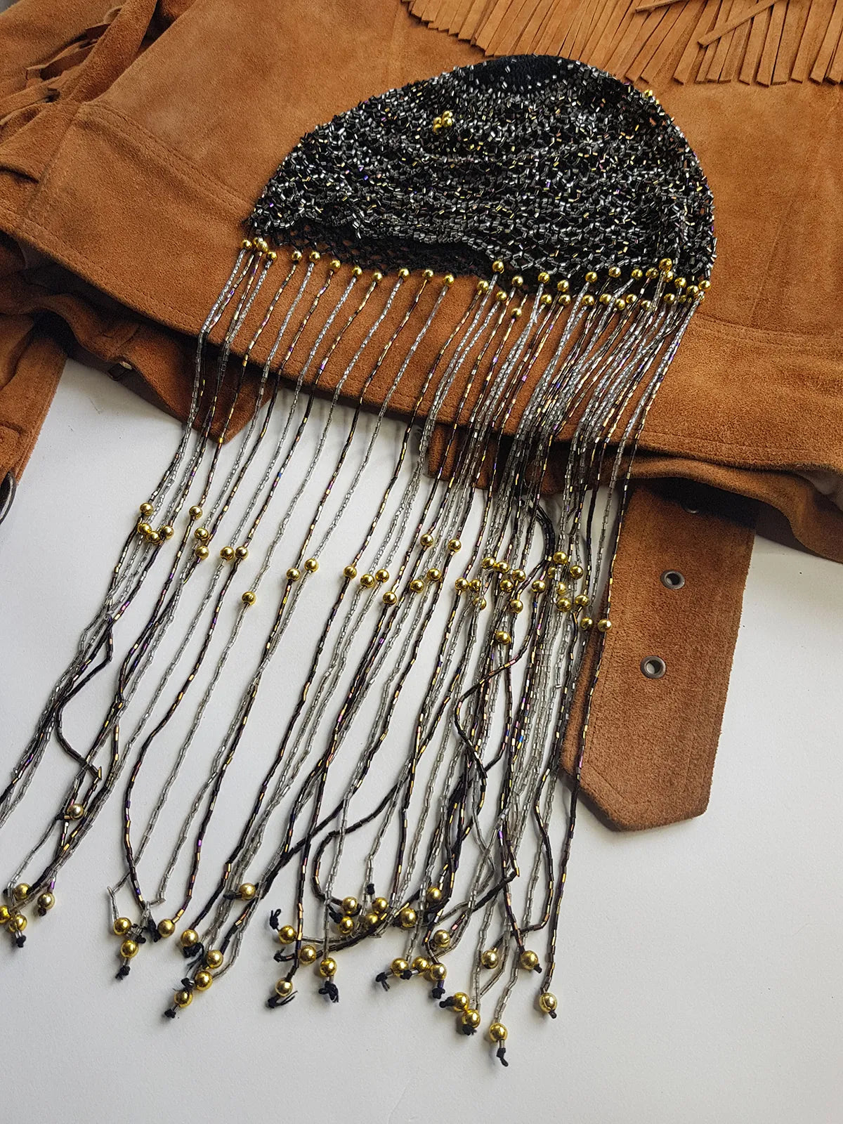 1970s Handmade Crochet Beaded - Tasseled - Party Hairpiece Beanie - Studio 54 - Black Crochet & Multicolored Beading