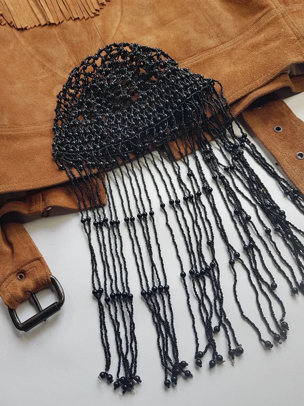 1970s Handmade Long Crochet Beaded - Tasseled - Party Hairpiece Beanie - Studio 54 - Black Crochet & Black Beading