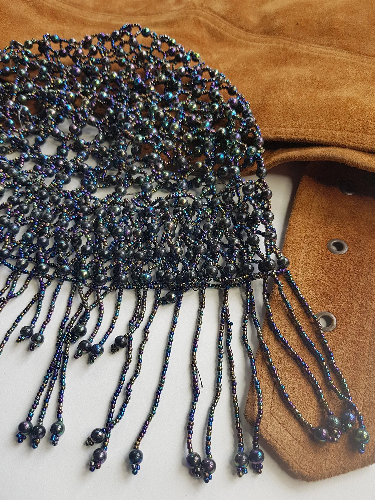 1970s Handmade Iridescent Black Crochet Beaded - Short Tasseled - Party Hairpiece Beanie - Studio 54 - Black Crochet & Black Beading