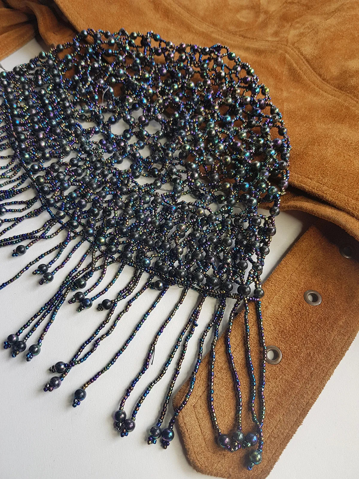 1970s Handmade Iridescent Black Crochet Beaded - Short Tasseled - Party Hairpiece Beanie - Studio 54 - Black Crochet & Black Beading