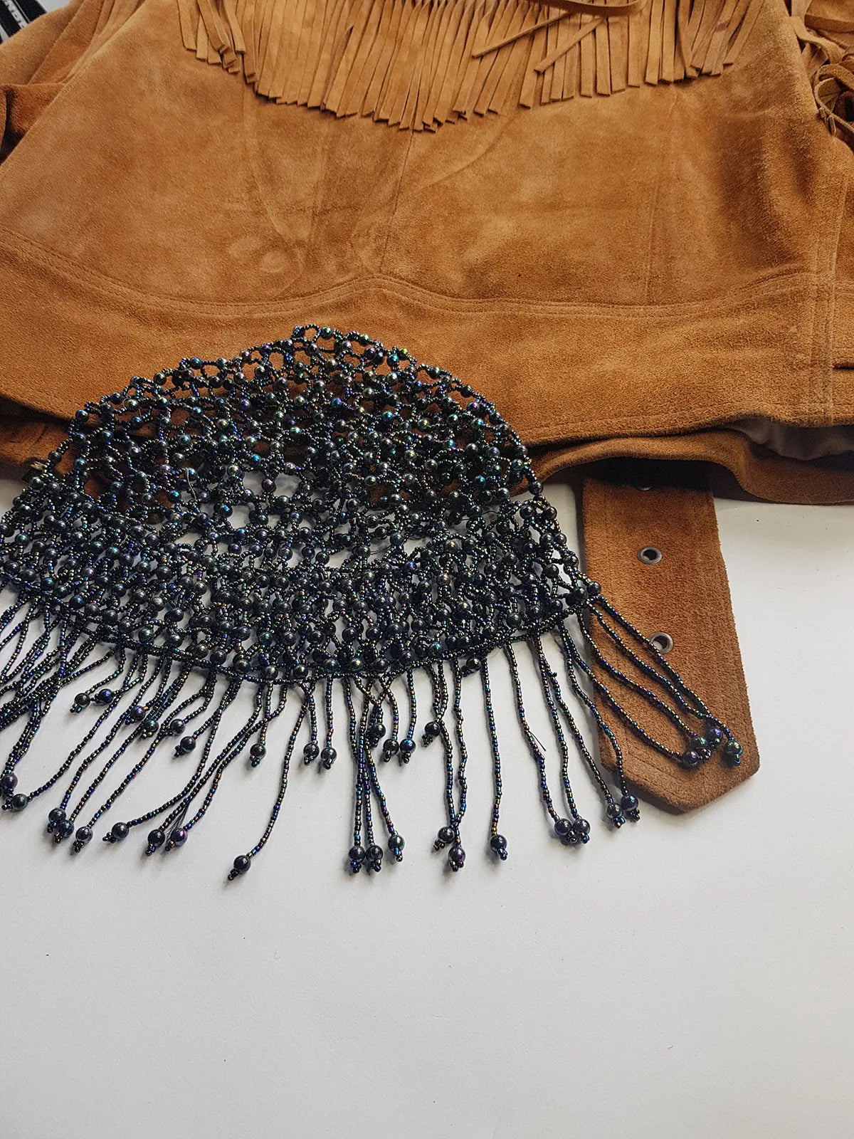 1970s Handmade Iridescent Black Crochet Beaded - Short Tasseled - Party Hairpiece Beanie - Studio 54 - Black Crochet & Black Beading