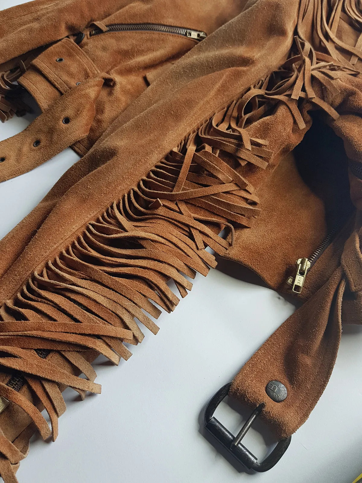 Vintage Perfect Motorcycle Tassel Jacket - Rich Tan 100% Genuine Suede - Metal Hardware - Fully Lined Jacket