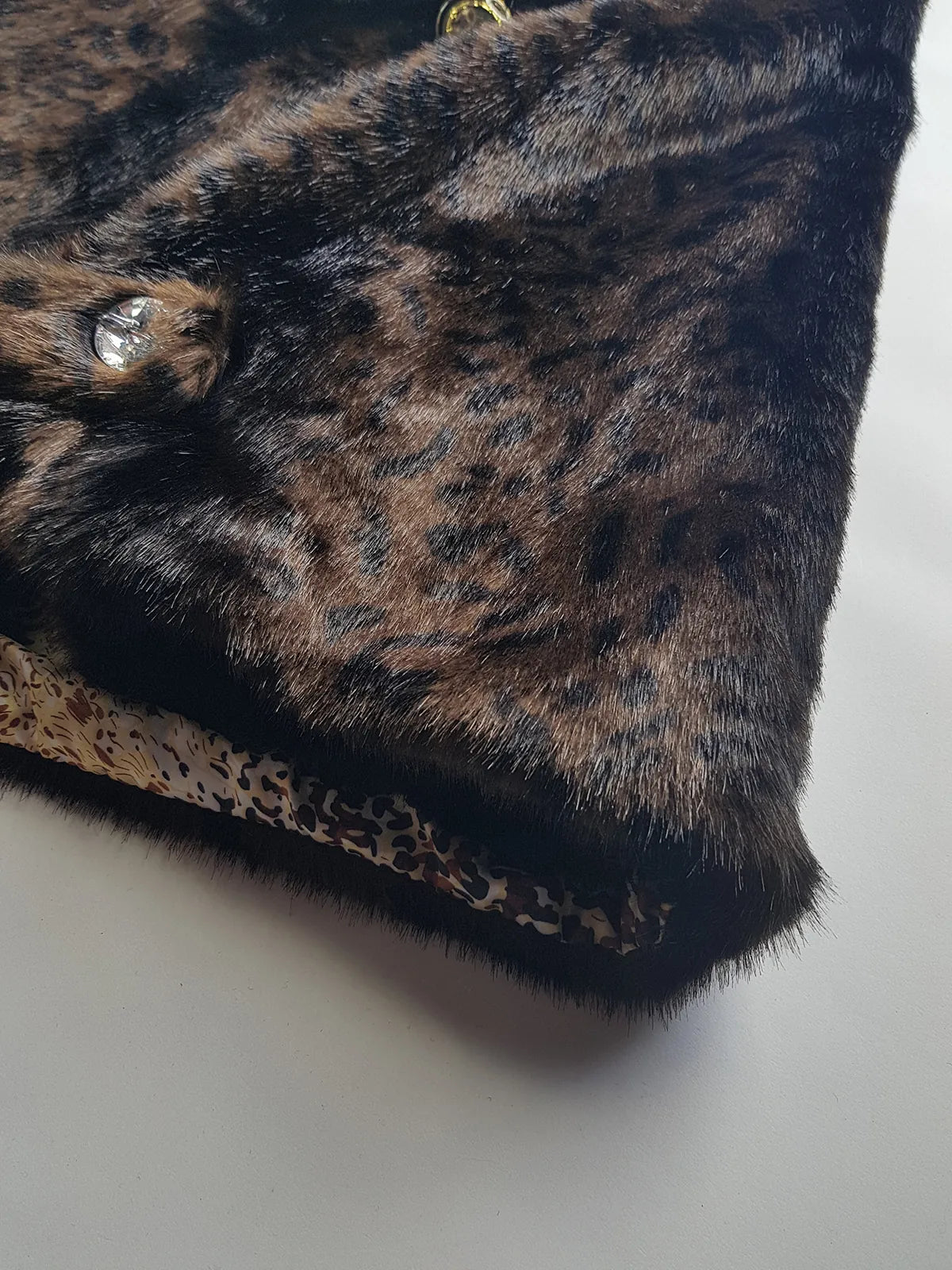 Vintage Leopard Cape with Collar - Iconic Sparkly Buttons- Vegan Fur - Satin Leopard Print Lining
