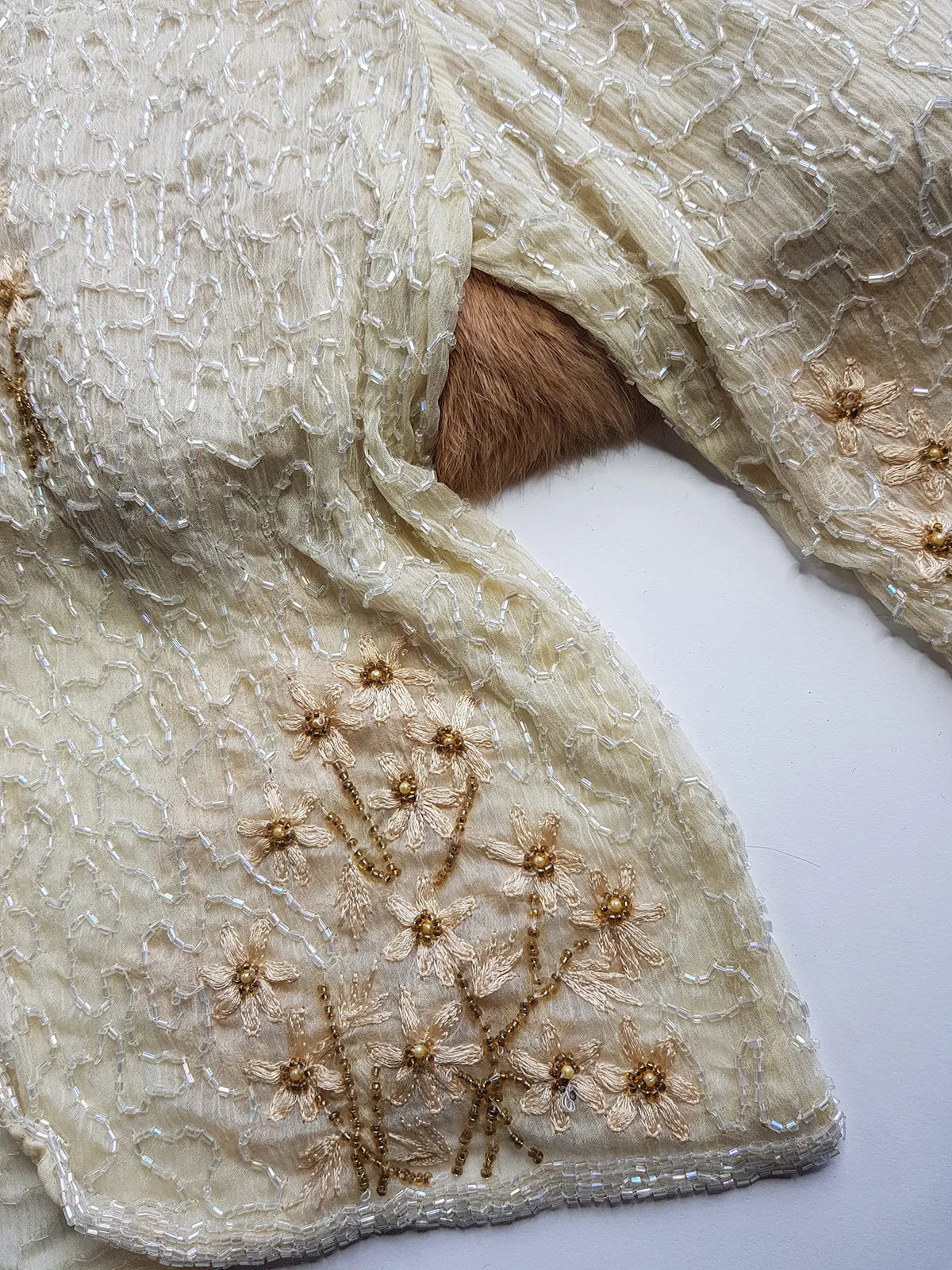 Vintage Ethereal 100% Silk - Bridal Quality Cream & Gold Flowers - Handmade Fully Beaded Jacket