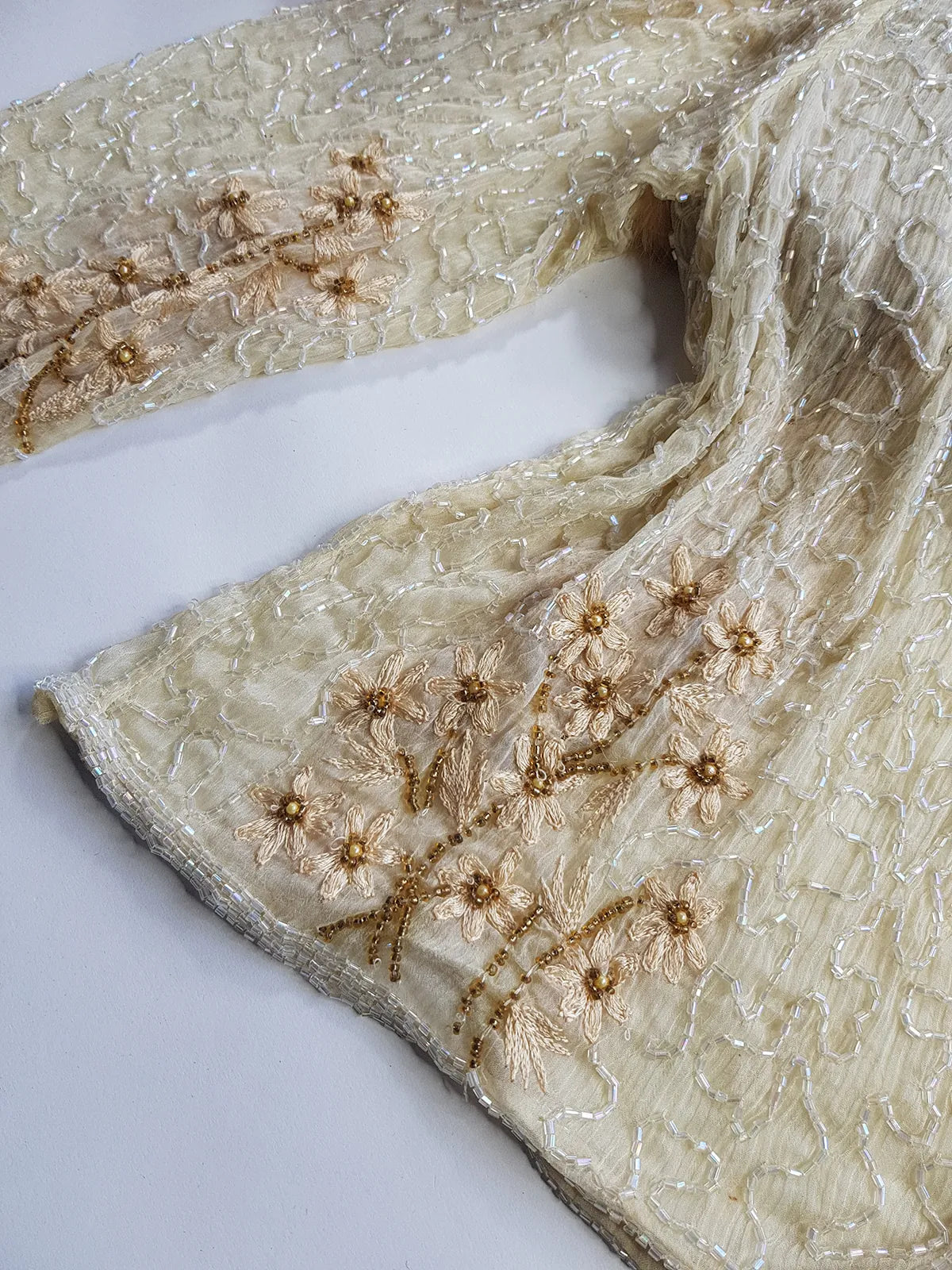 Vintage Ethereal 100% Silk - Bridal Quality Cream & Gold Flowers - Handmade Fully Beaded Jacket