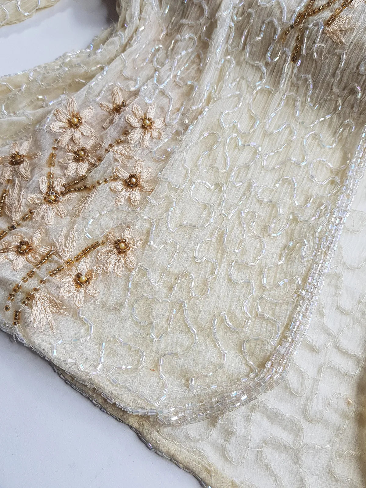 Vintage Ethereal 100% Silk - Bridal Quality Cream & Gold Flowers - Handmade Fully Beaded Jacket