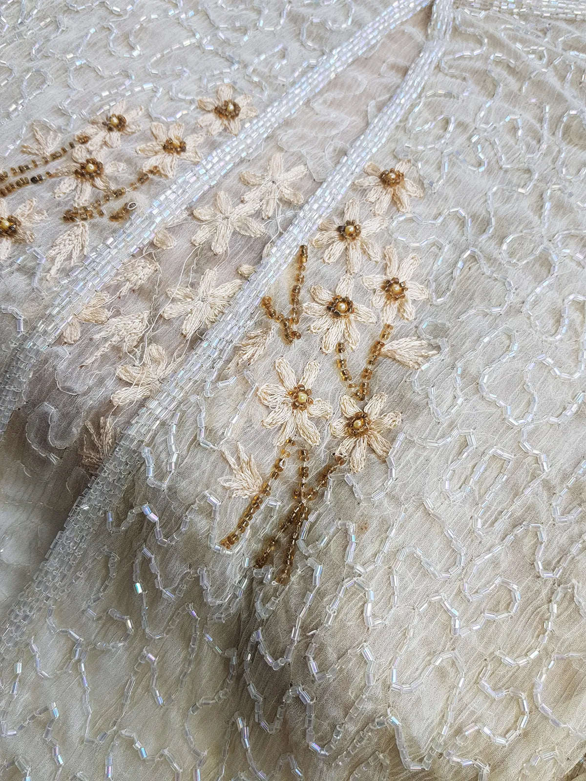 Vintage Ethereal 100% Silk - Bridal Quality Cream & Gold Flowers - Handmade Fully Beaded Jacket