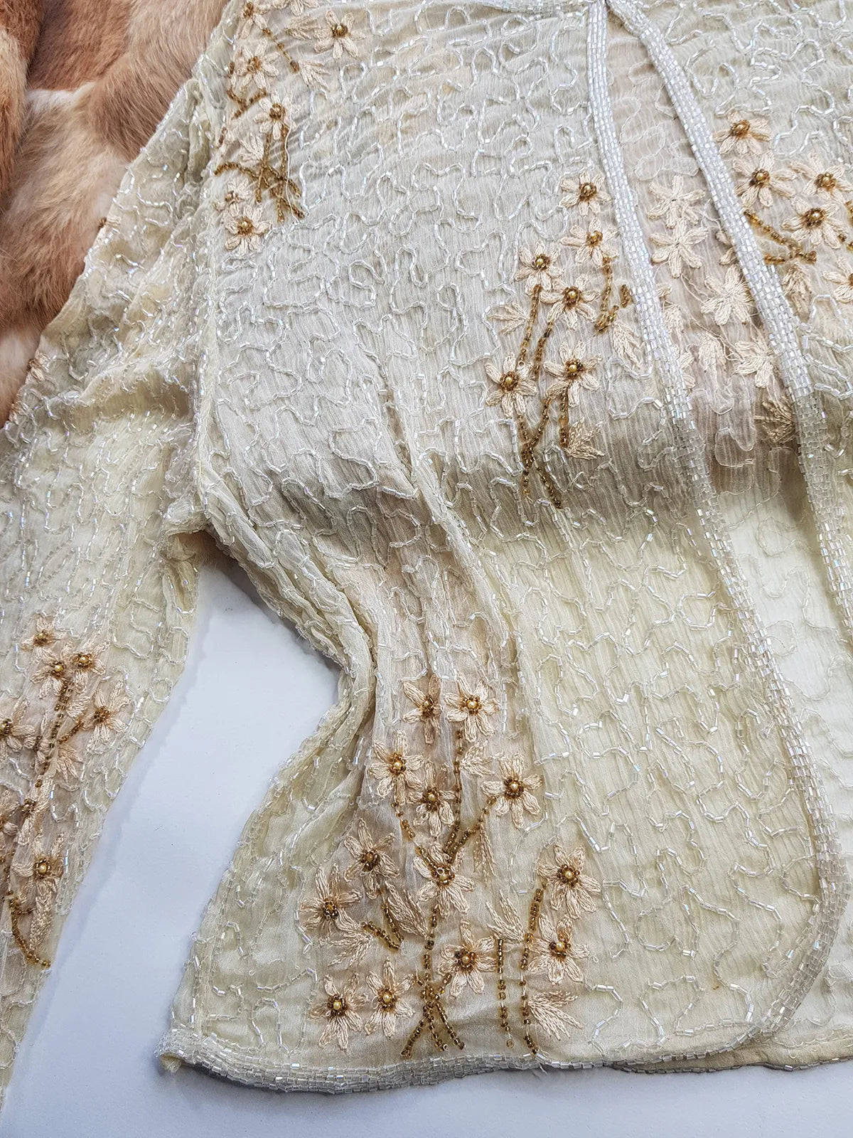 Vintage Ethereal 100% Silk - Bridal Quality Cream & Gold Flowers - Handmade Fully Beaded Jacket