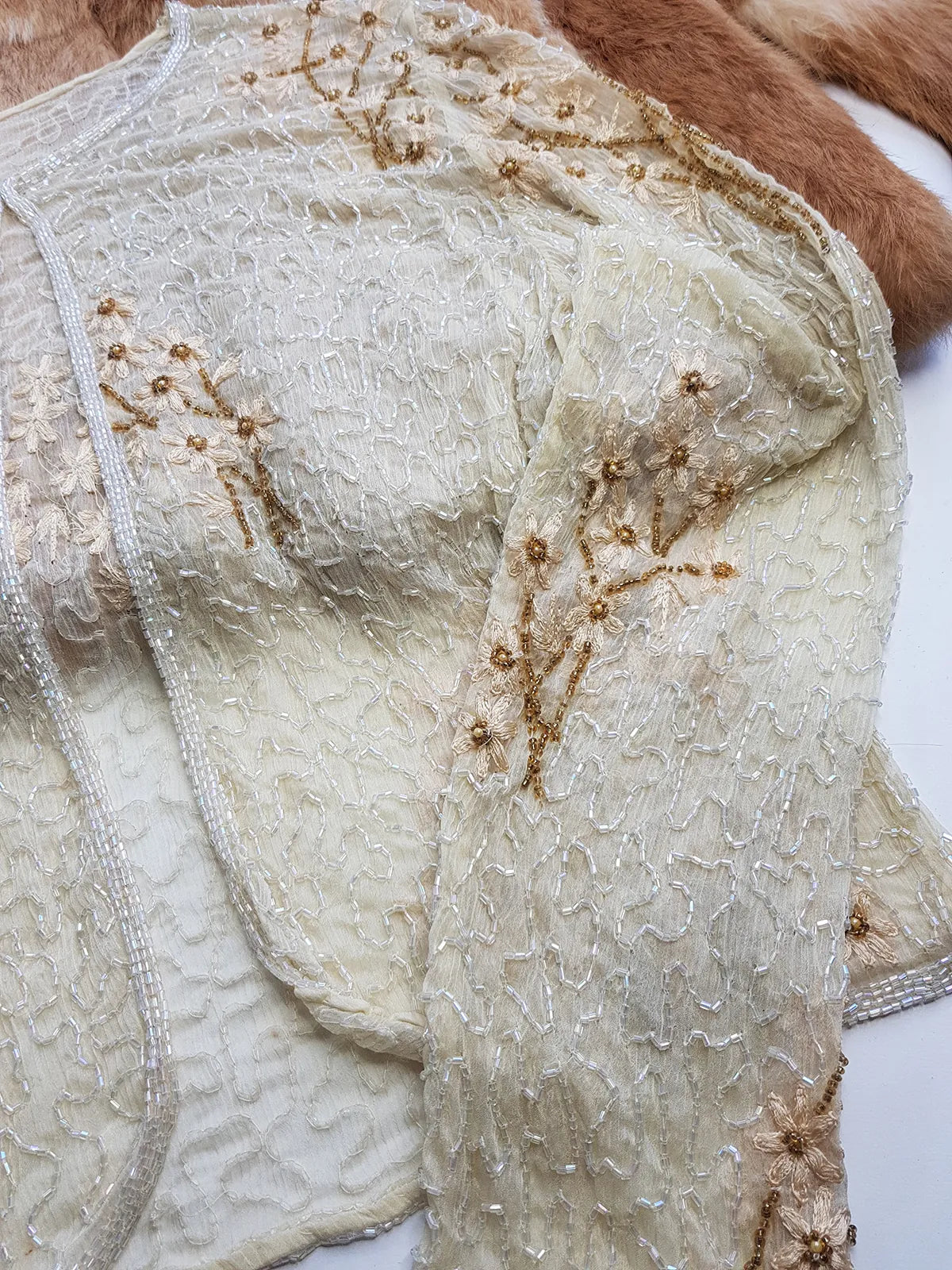 Vintage Ethereal 100% Silk - Bridal Quality Cream & Gold Flowers - Handmade Fully Beaded Jacket