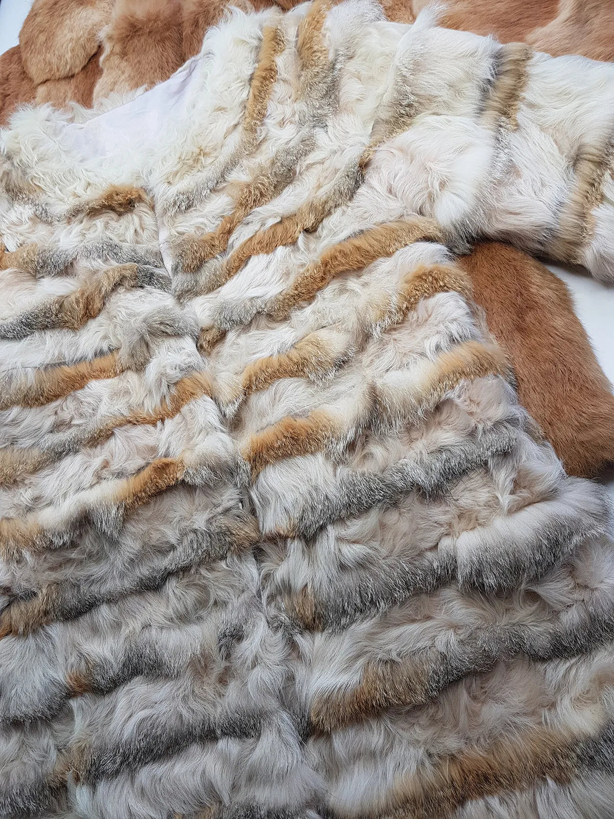 1960s Vintage Fox Fur & Curly Lamswool Coat - Very Light with Super Soft Contrasting Layers of Fur - Cream & Caramel Brown Tones - Elbow Length Sleeves