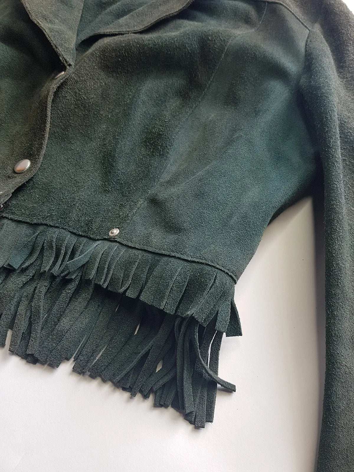Vintage 100% Genuine Suede Motorcycle Tassel Jacket - Muted Green - Metal Hardware