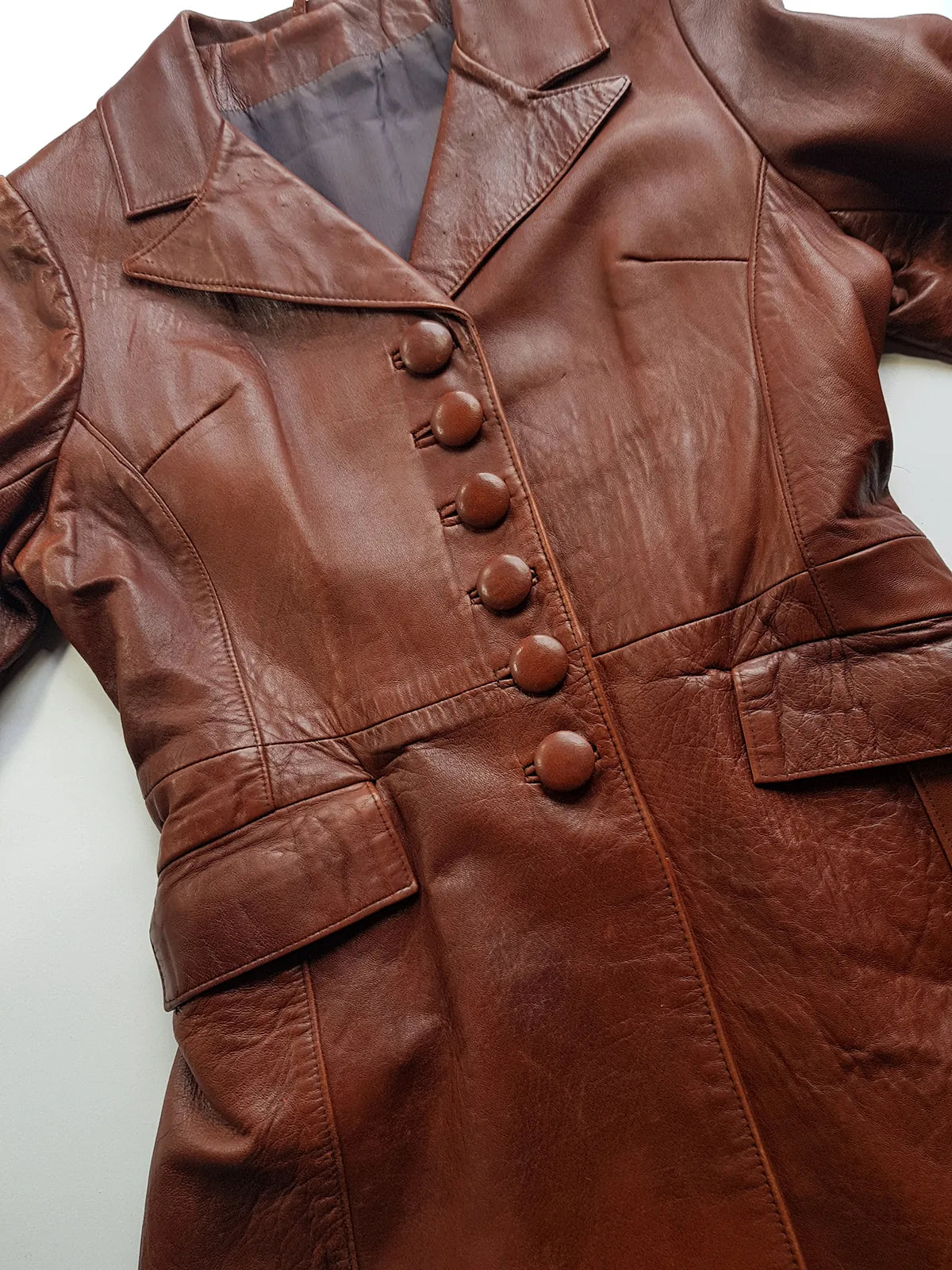 1970s English Made Congac Brown Leather Coat - Beautiful Leather Buttons & Perfect Knee Length