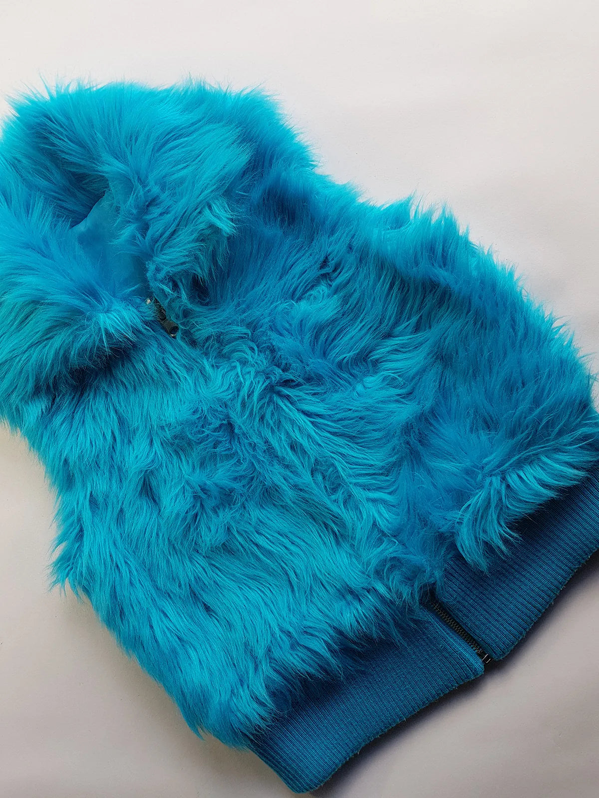 1990s Wild Fun Fur Vest in Electric Blue - Knit Detailing & Super Chunky Metal Zipper & Hardware