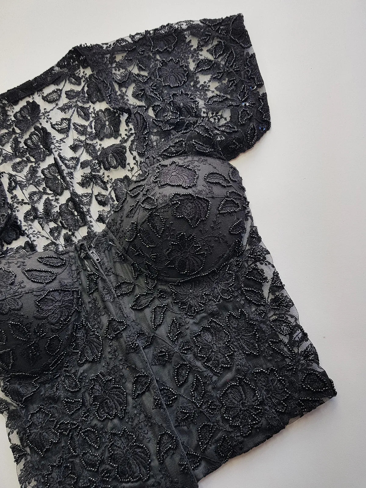 1990s Romantic Vintage Corset Top Lace & Hand Beaded - Knockout for Evening - Black Lace & Beads