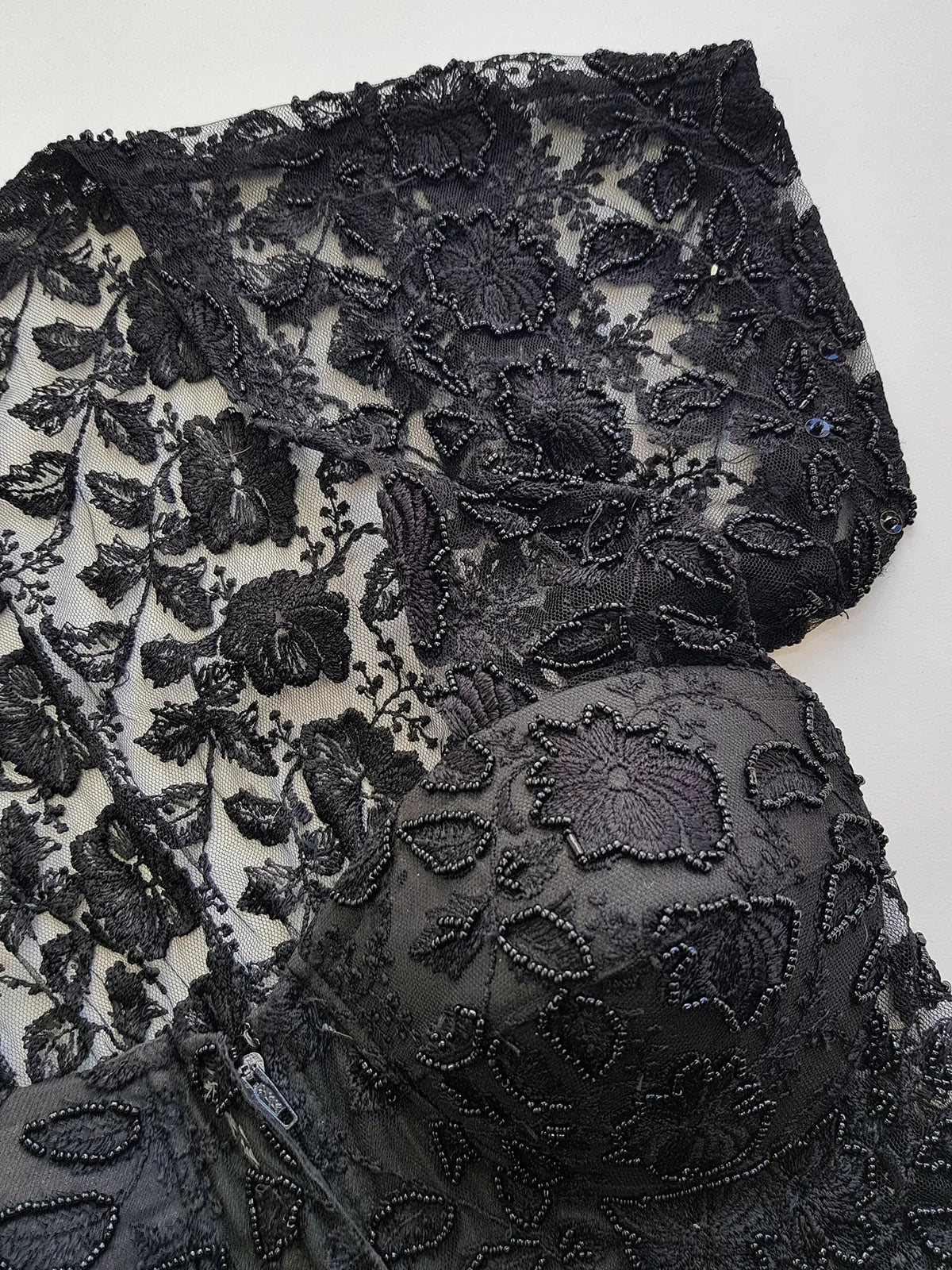 1990s Romantic Vintage Corset Top Lace & Hand Beaded - Knockout for Evening - Black Lace & Beads