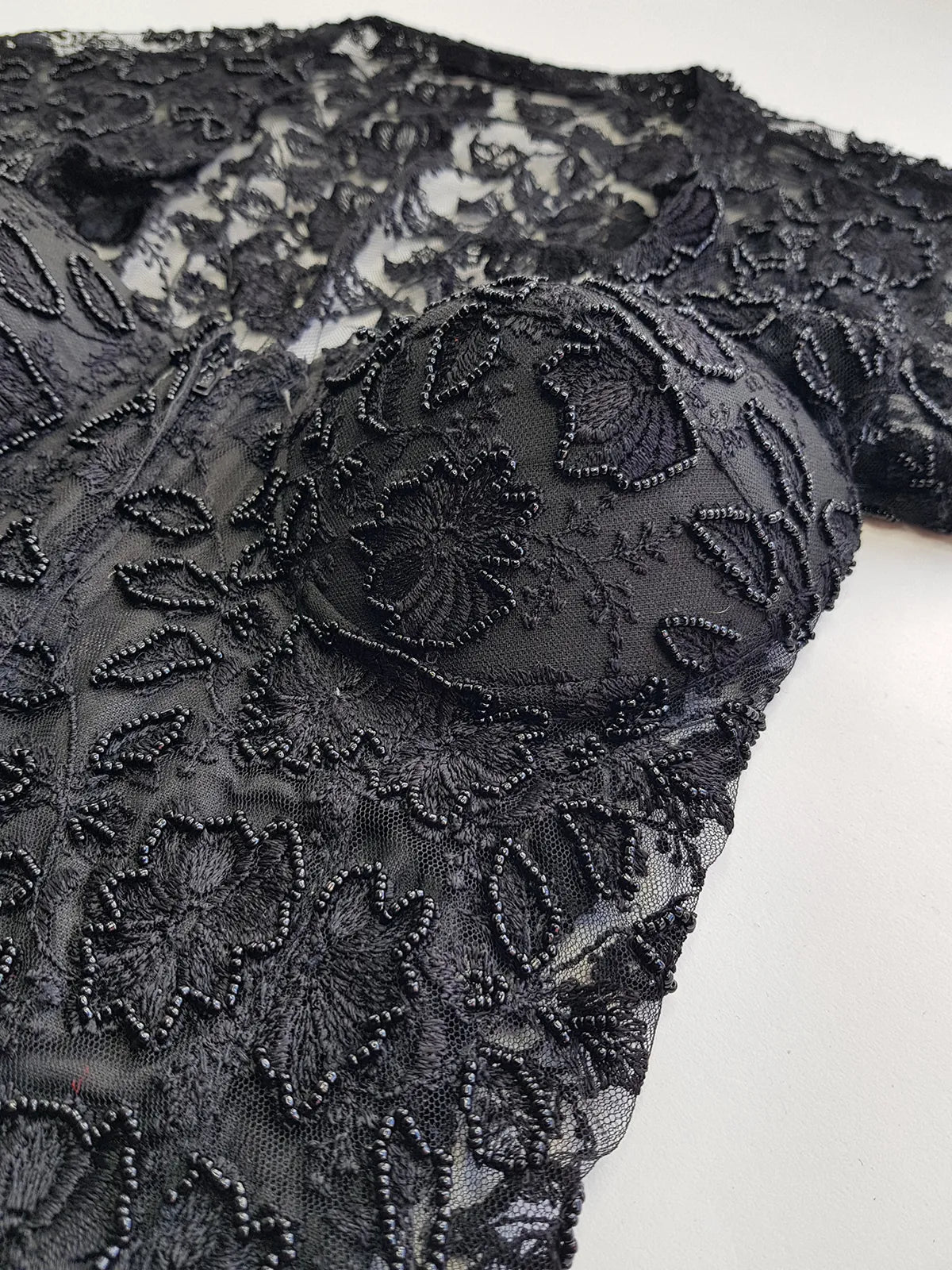 1990s Romantic Vintage Corset Top Lace & Hand Beaded - Knockout for Evening - Black Lace & Beads