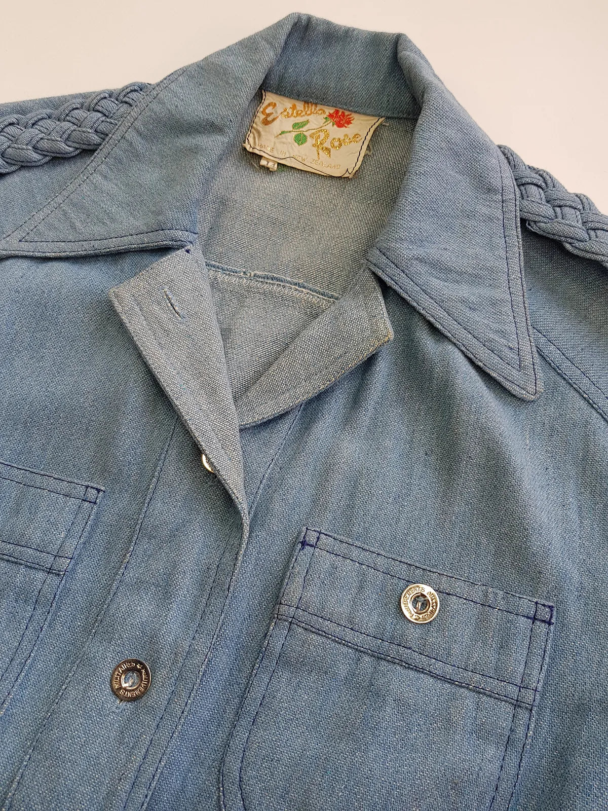 1970s Braided Cowgirl Aged Denim Shirt - Perfectly Faded Light Blue - Braided Feature Shoulders - Perfect Tailoring