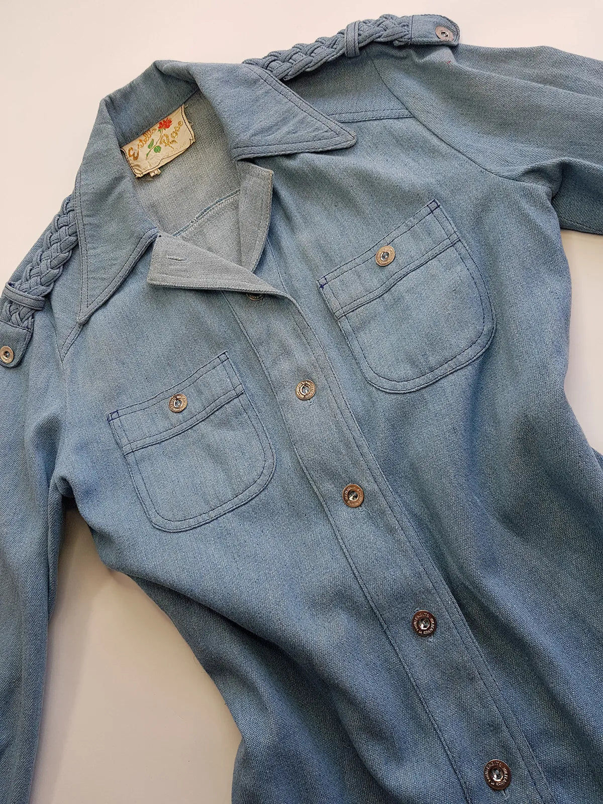 1970s Braided Cowgirl Aged Denim Shirt - Perfectly Faded Light Blue - Braided Feature Shoulders - Perfect Tailoring