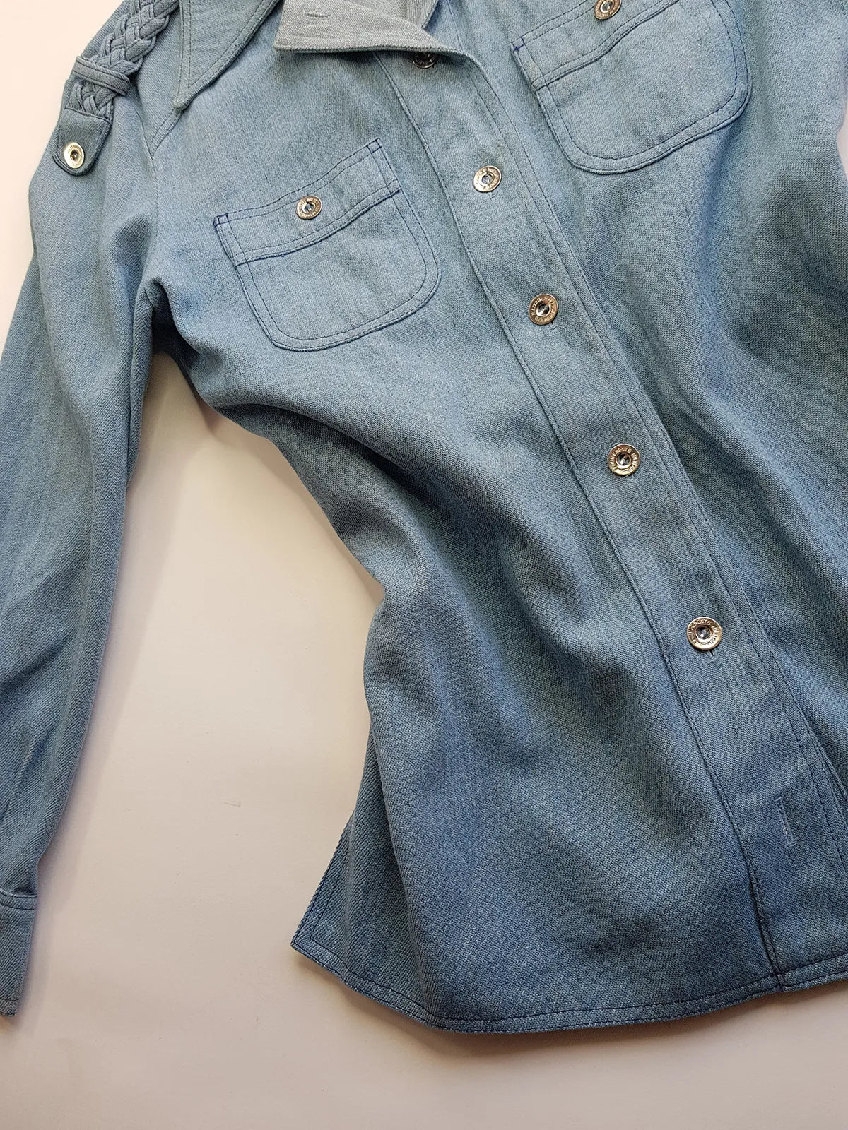 1970s Braided Cowgirl Aged Denim Shirt - Perfectly Faded Light Blue - Braided Feature Shoulders - Perfect Tailoring