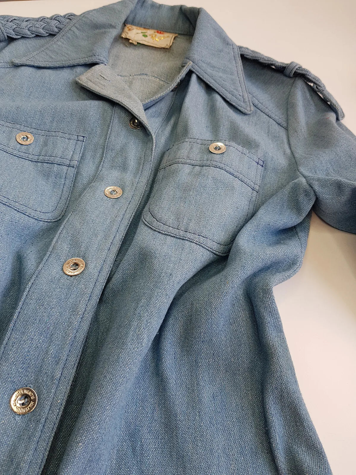 1970s Braided Cowgirl Aged Denim Shirt - Perfectly Faded Light Blue - Braided Feature Shoulders - Perfect Tailoring